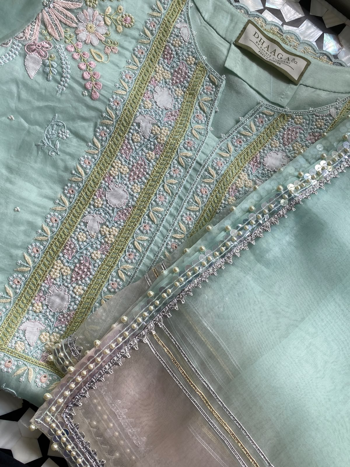 Pastel Mint Organza Embroidered Kurta Set