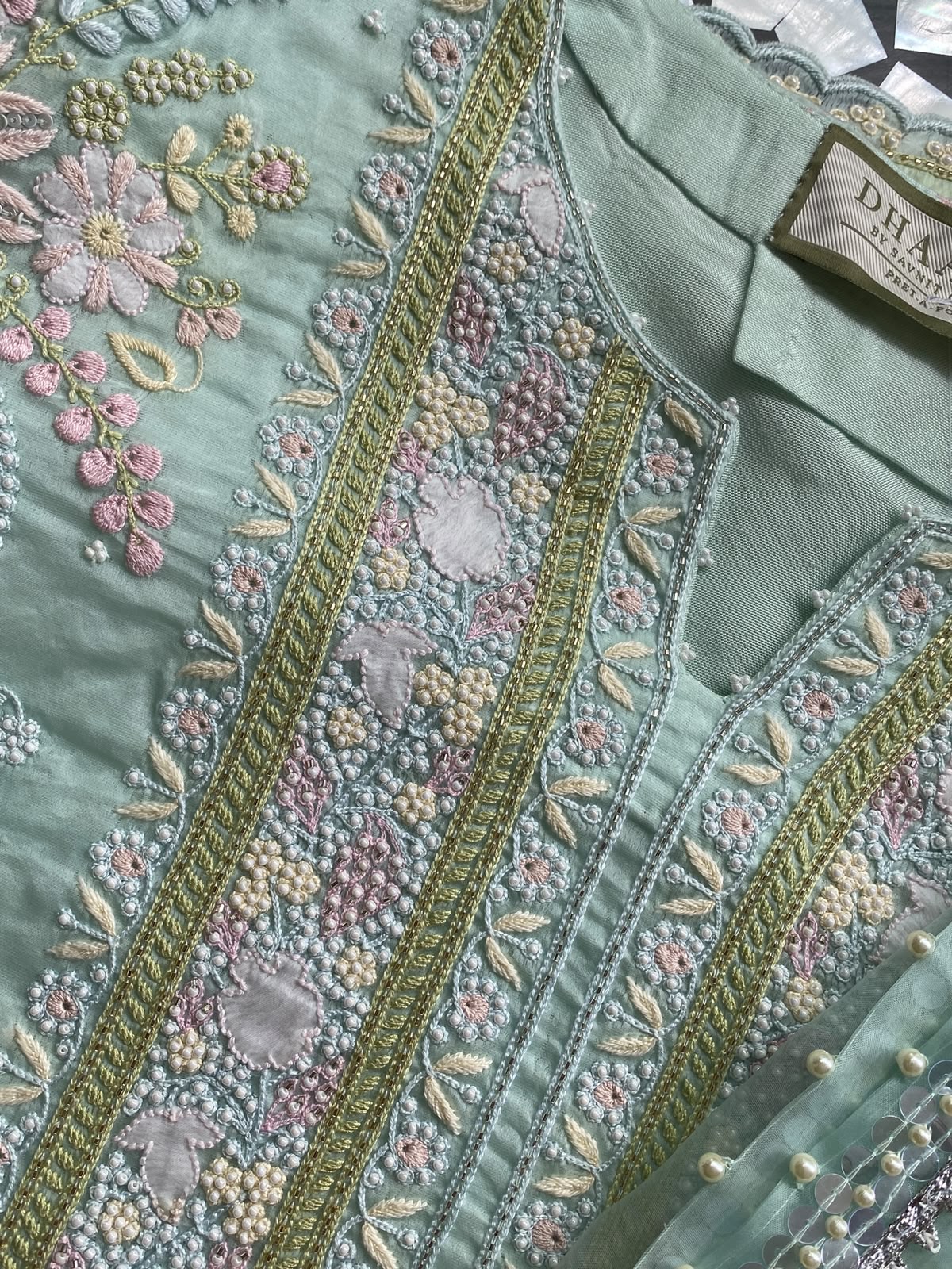 Pastel Mint Organza Embroidered Kurta Set