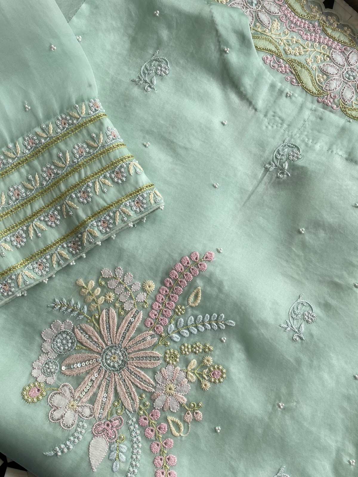 Pastel Mint Organza Embroidered Kurta Set