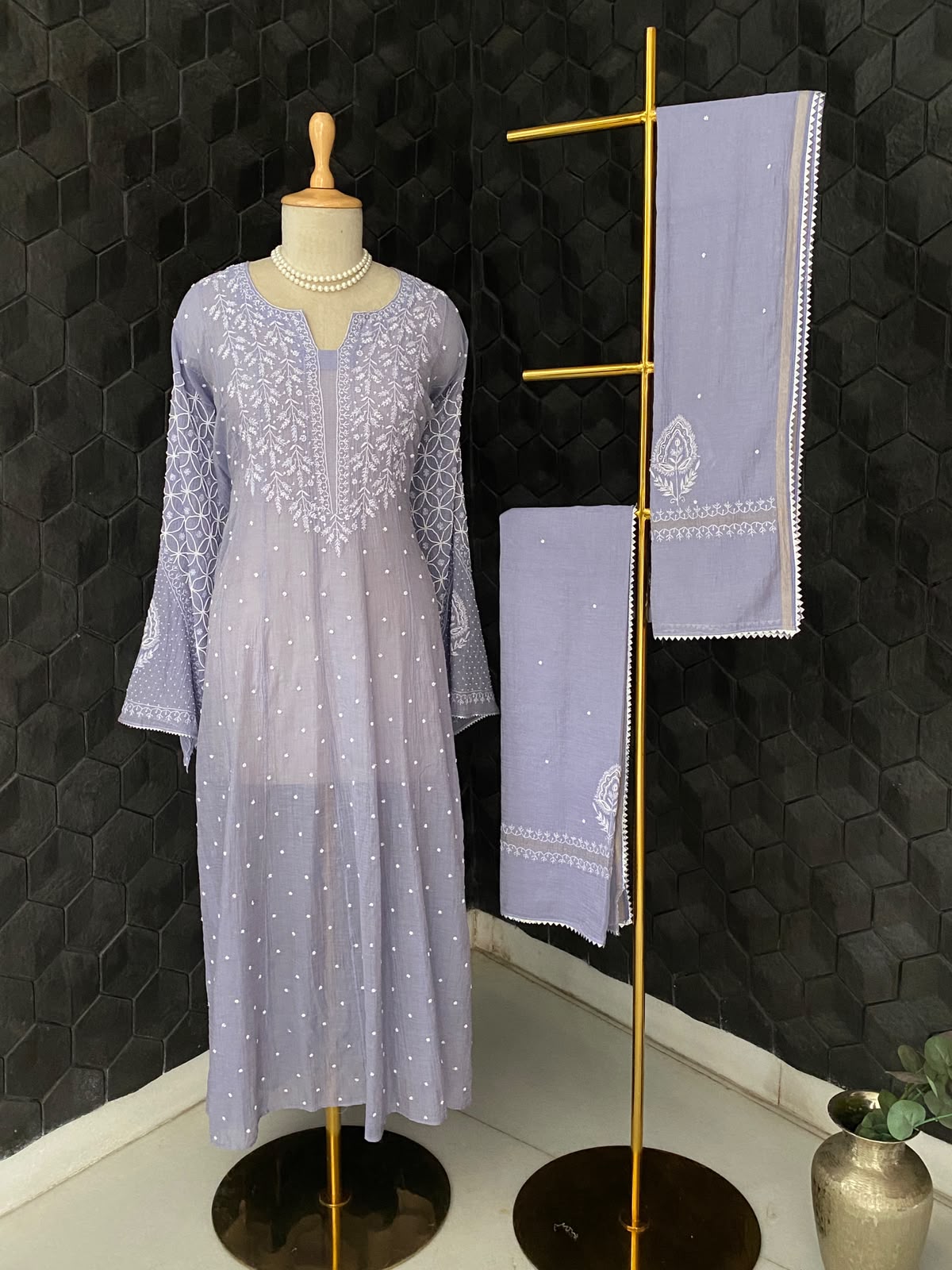 Lavender Silver Tissue Anarkali Set