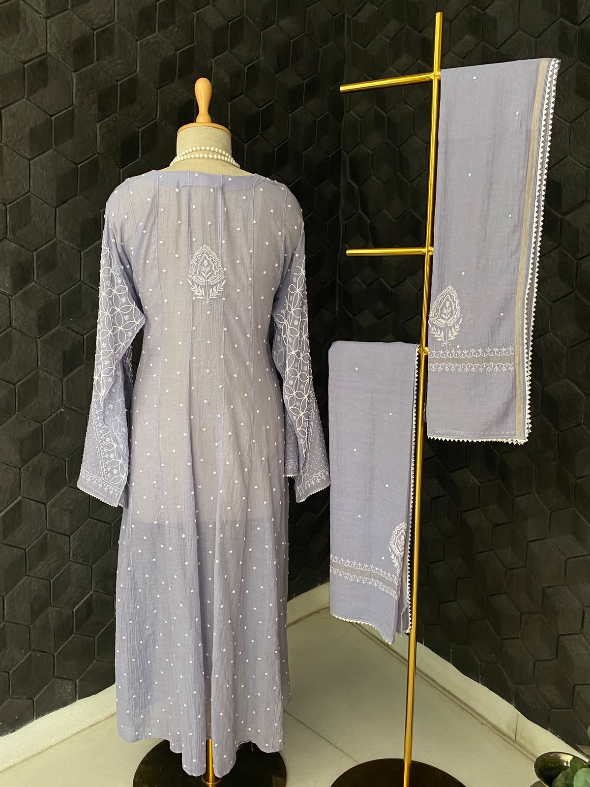 Lavender Silver Tissue Anarkali Set