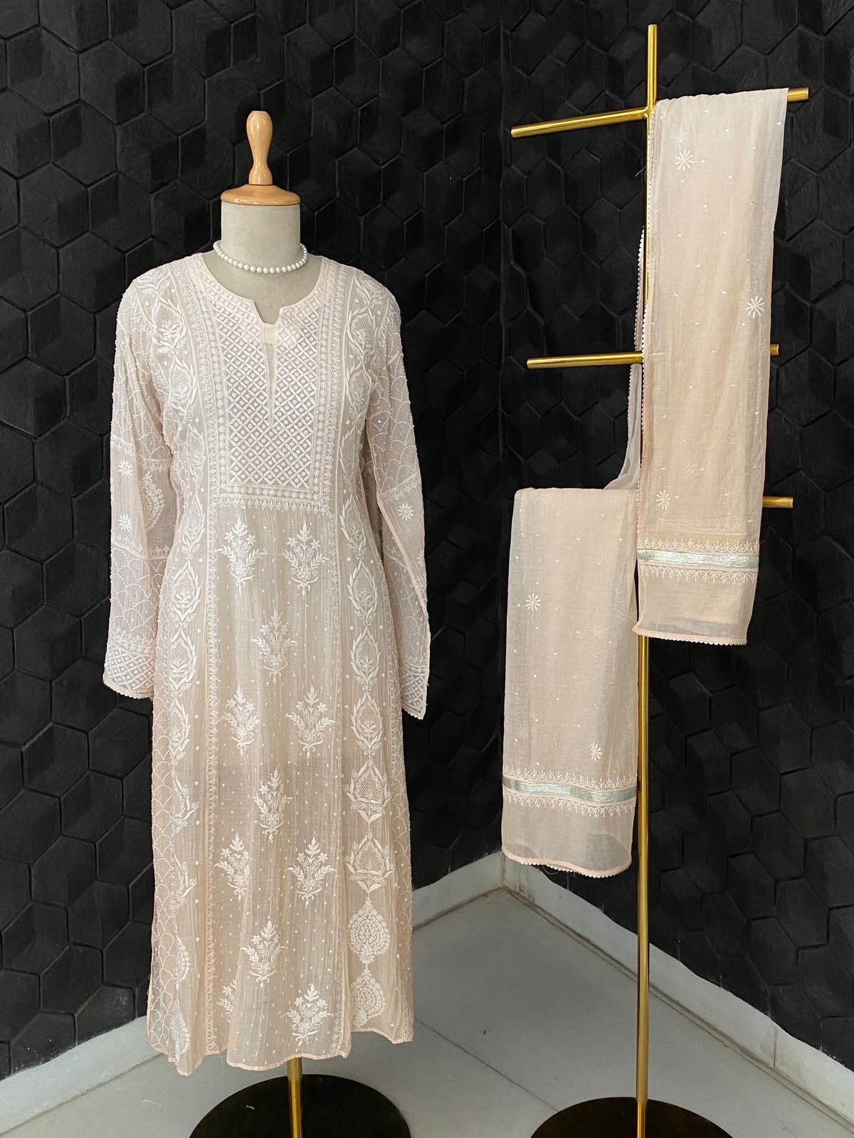 Peach Mul Chanderi Chikankari Kurta Set