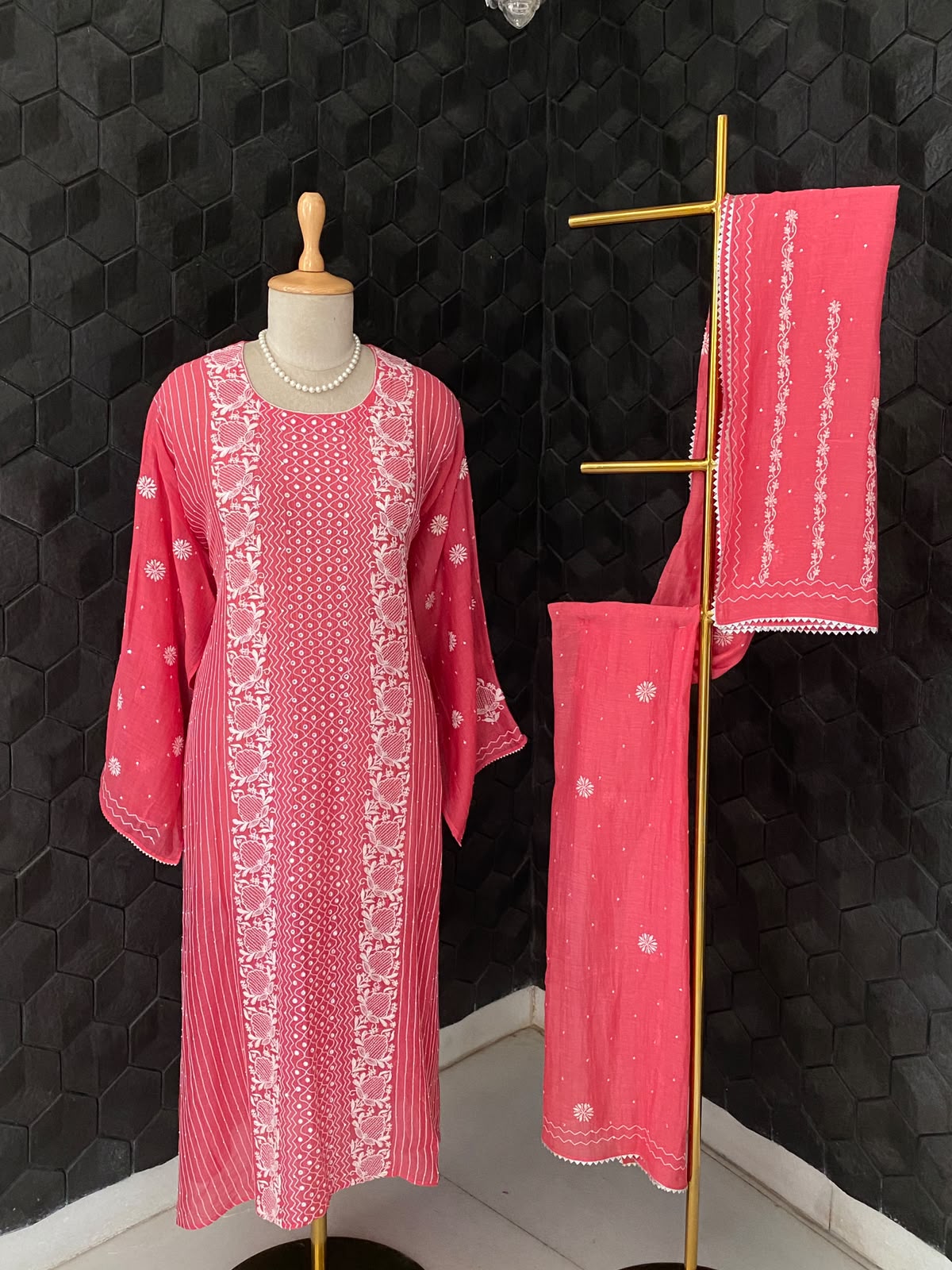 Coral Pink Mul Chanderi Chikankari Kurta Set