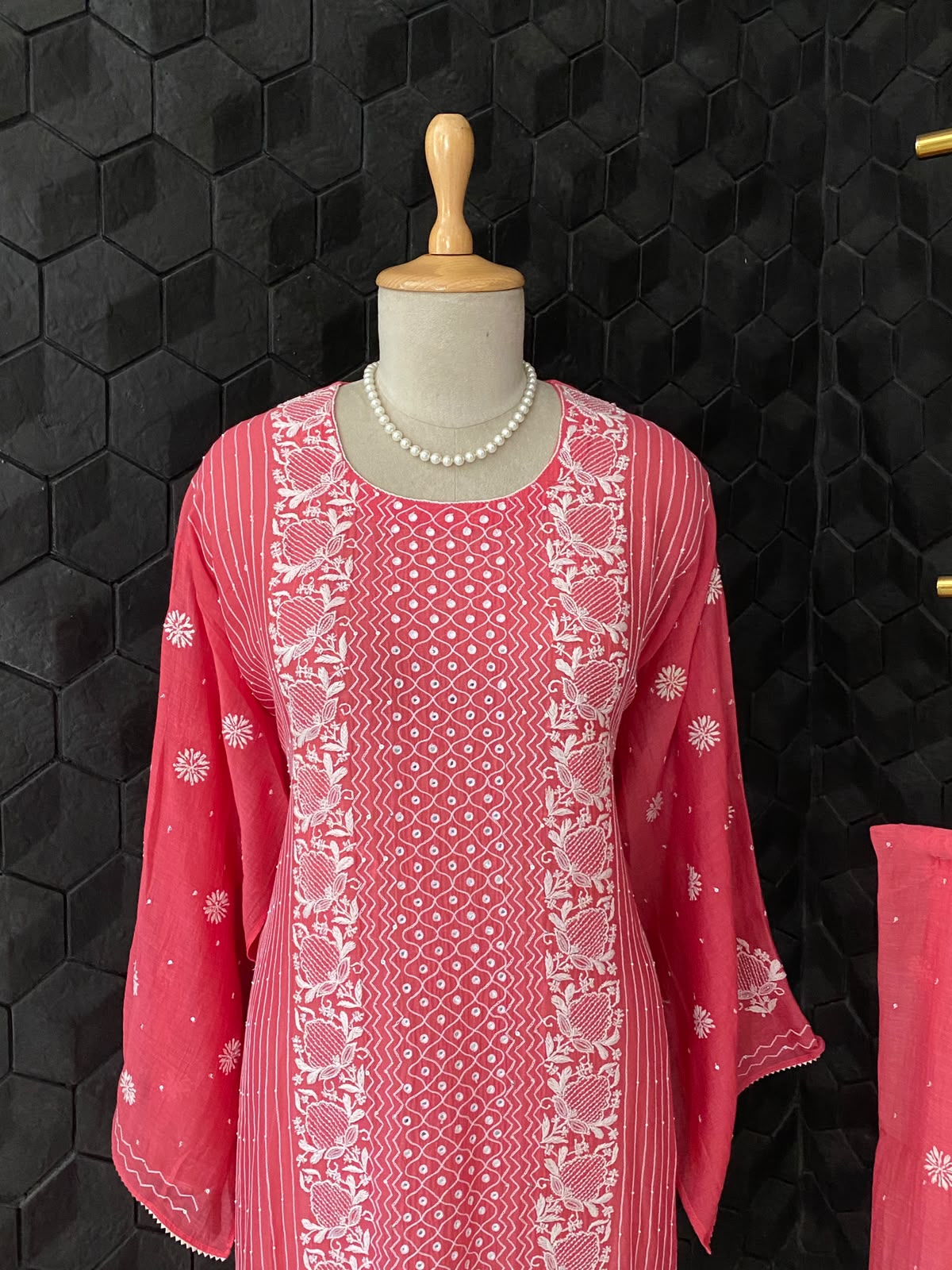 Coral Pink Mul Chanderi Chikankari Kurta Set