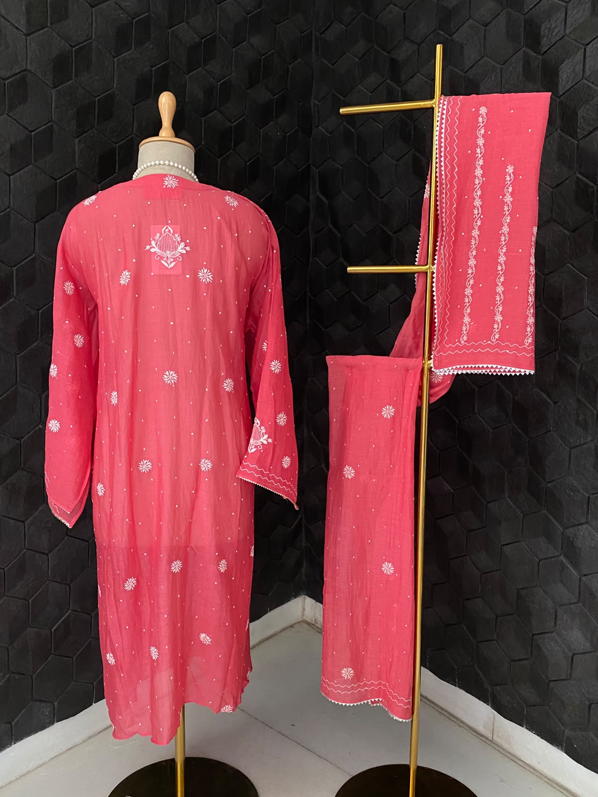 Coral Pink Mul Chanderi Chikankari Kurta Set