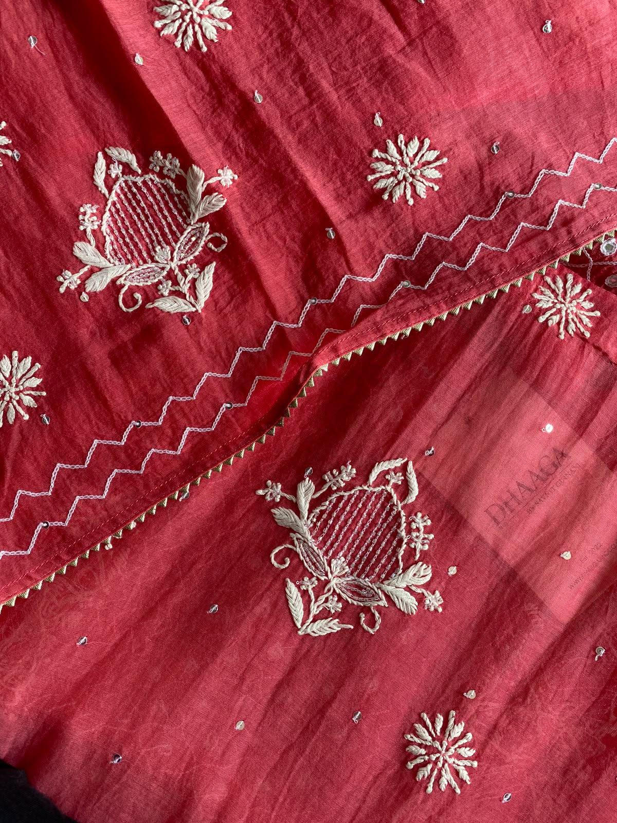 Coral Pink Mul Chanderi Chikankari Kurta Set