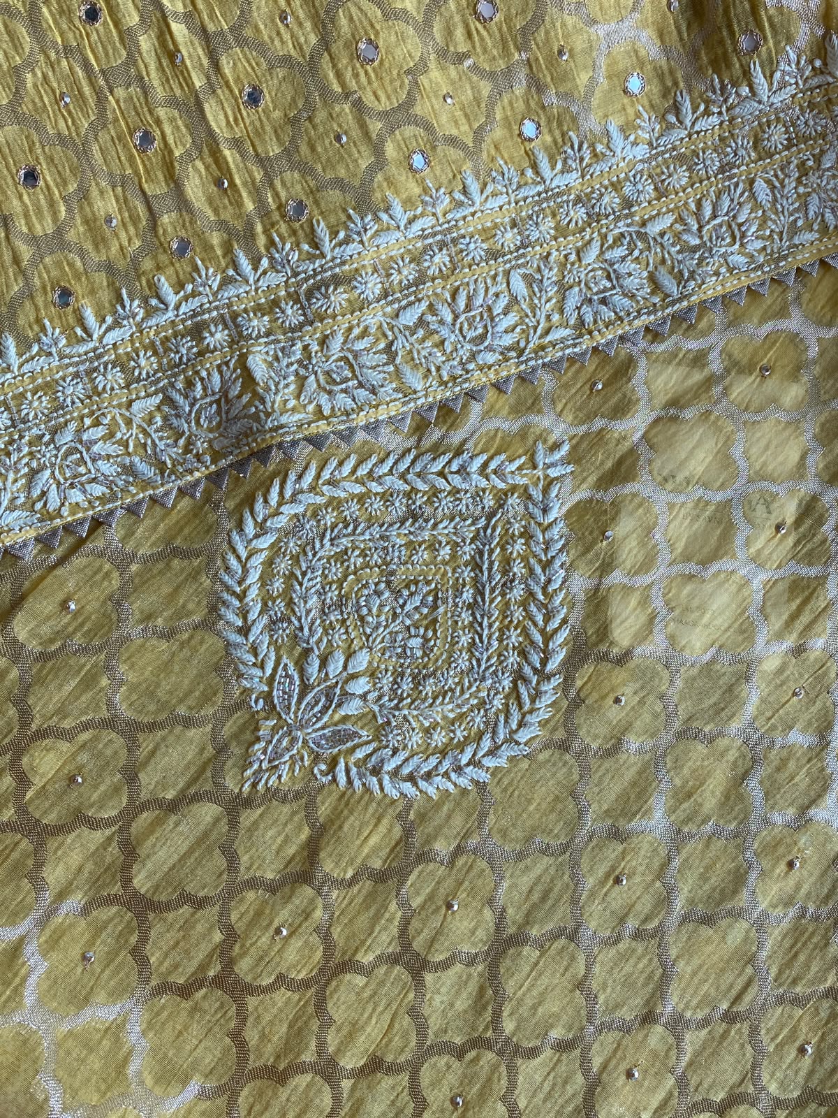 Yellow Mul Chanderi Embroidered Kurta Set
