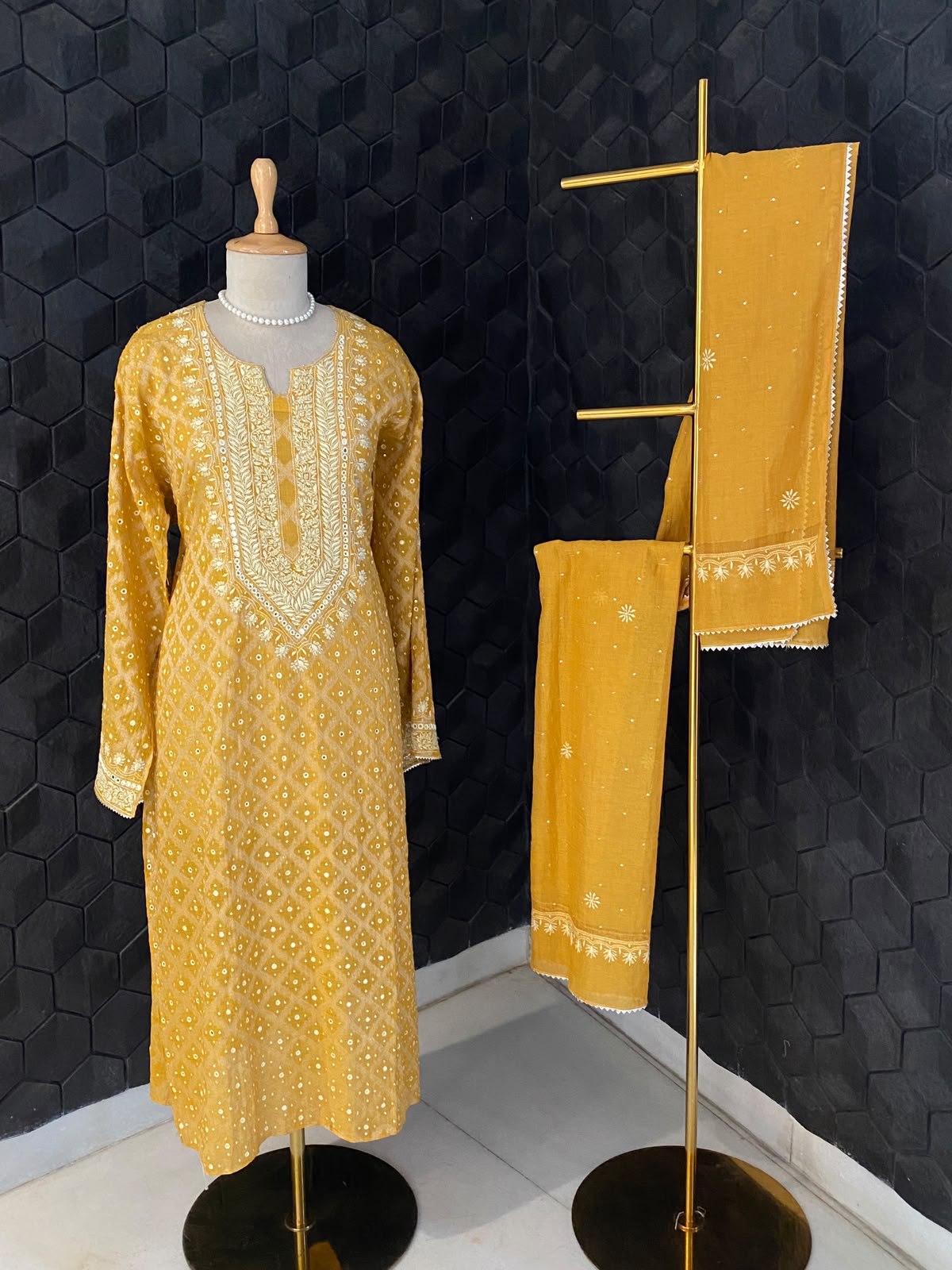 Mustard Mul Chanderi Embroidered Kurta Set