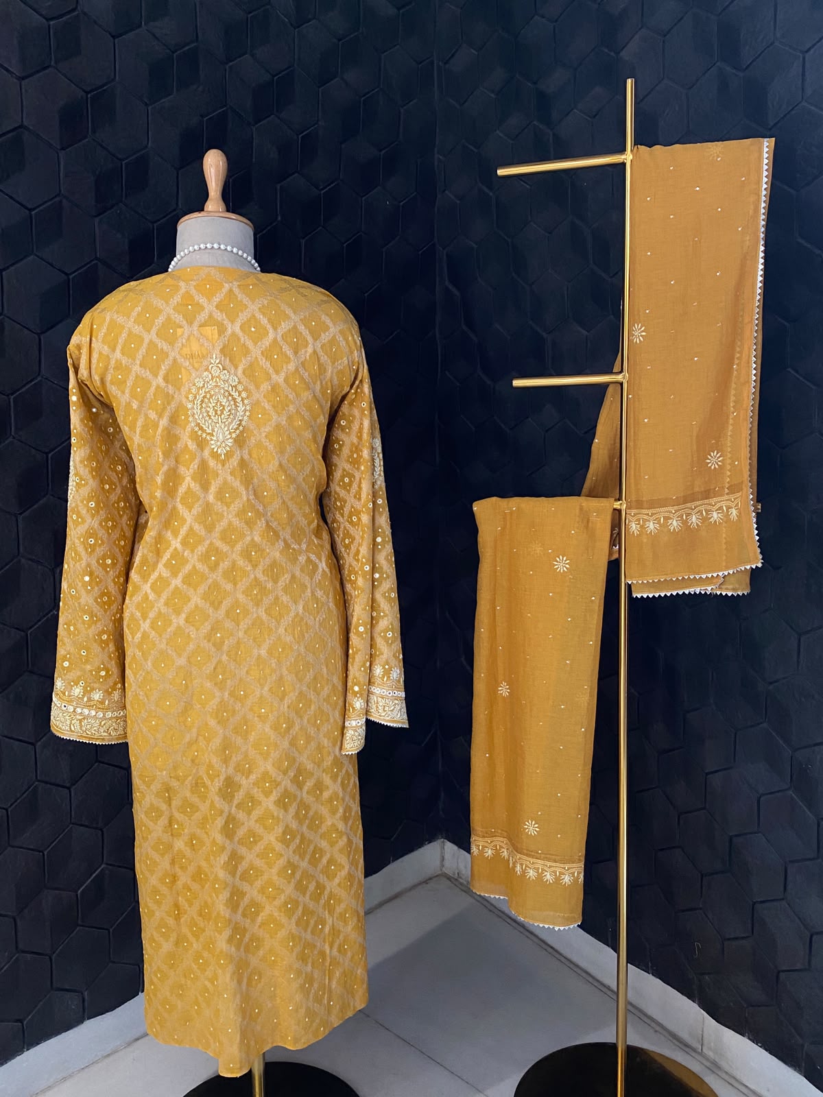 Mustard Mul Chanderi Embroidered Kurta Set