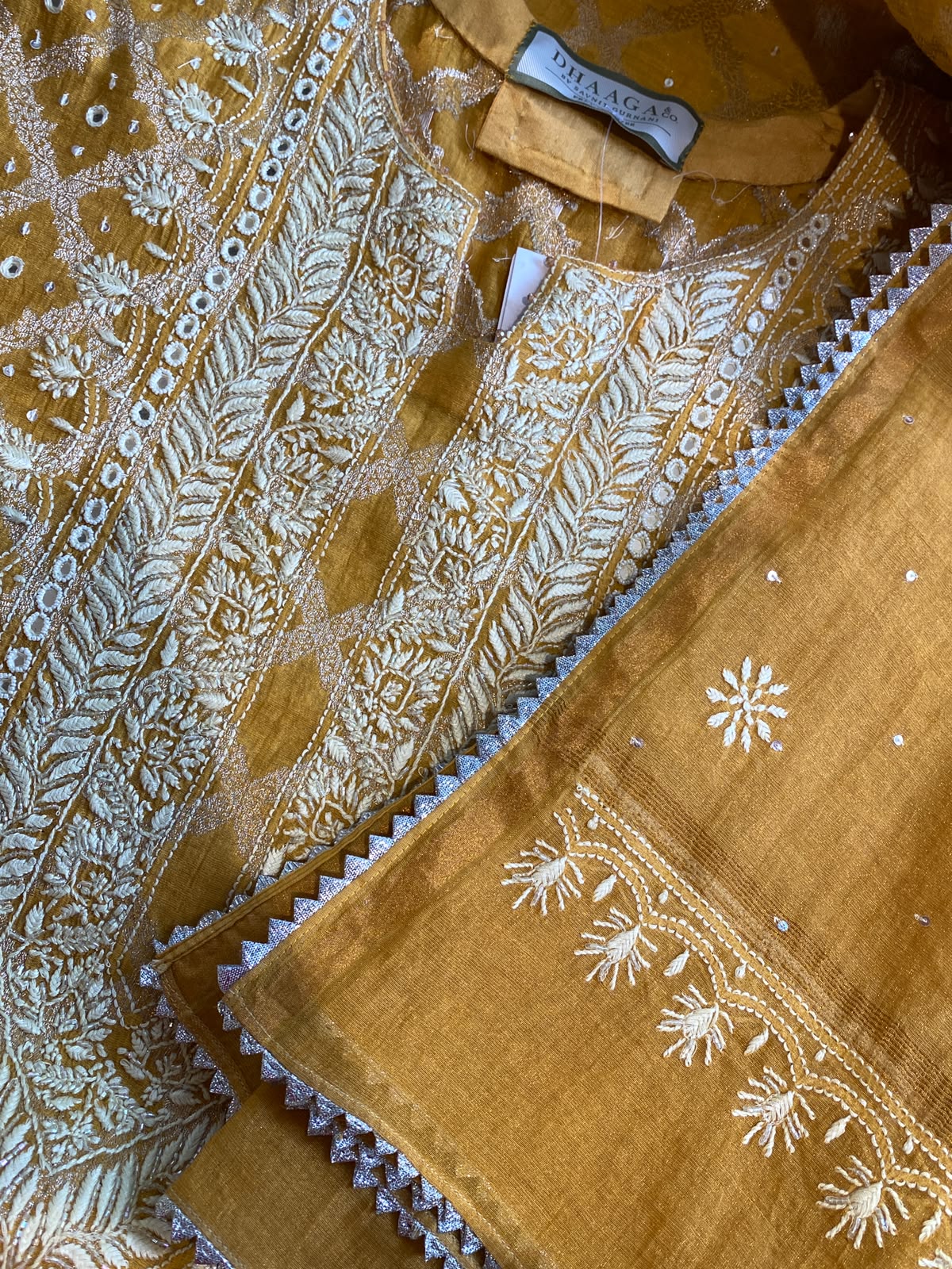 Mustard Mul Chanderi Embroidered Kurta Set