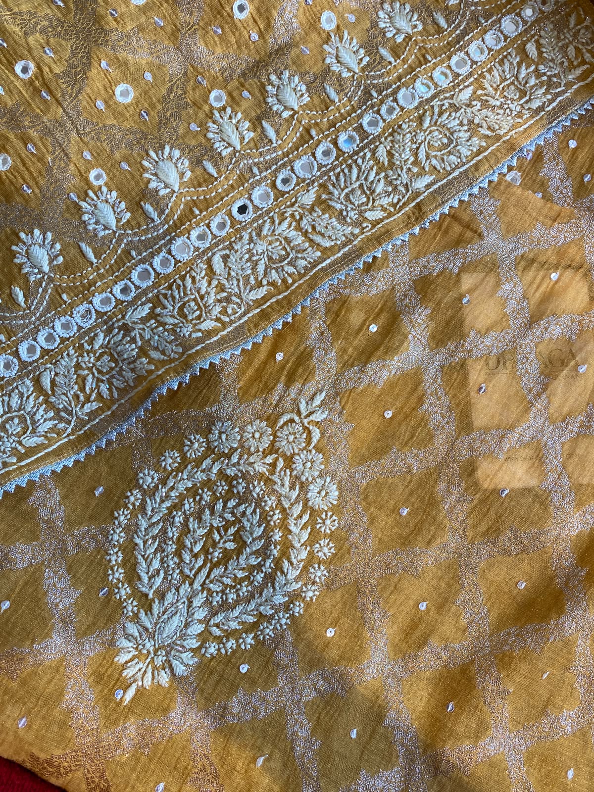 Mustard Mul Chanderi Embroidered Kurta Set
