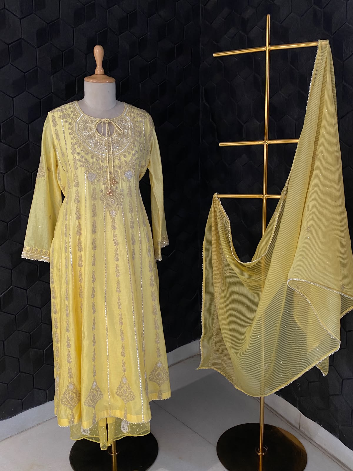 Lemon Yellow Mul Chanderi Anarkali Set