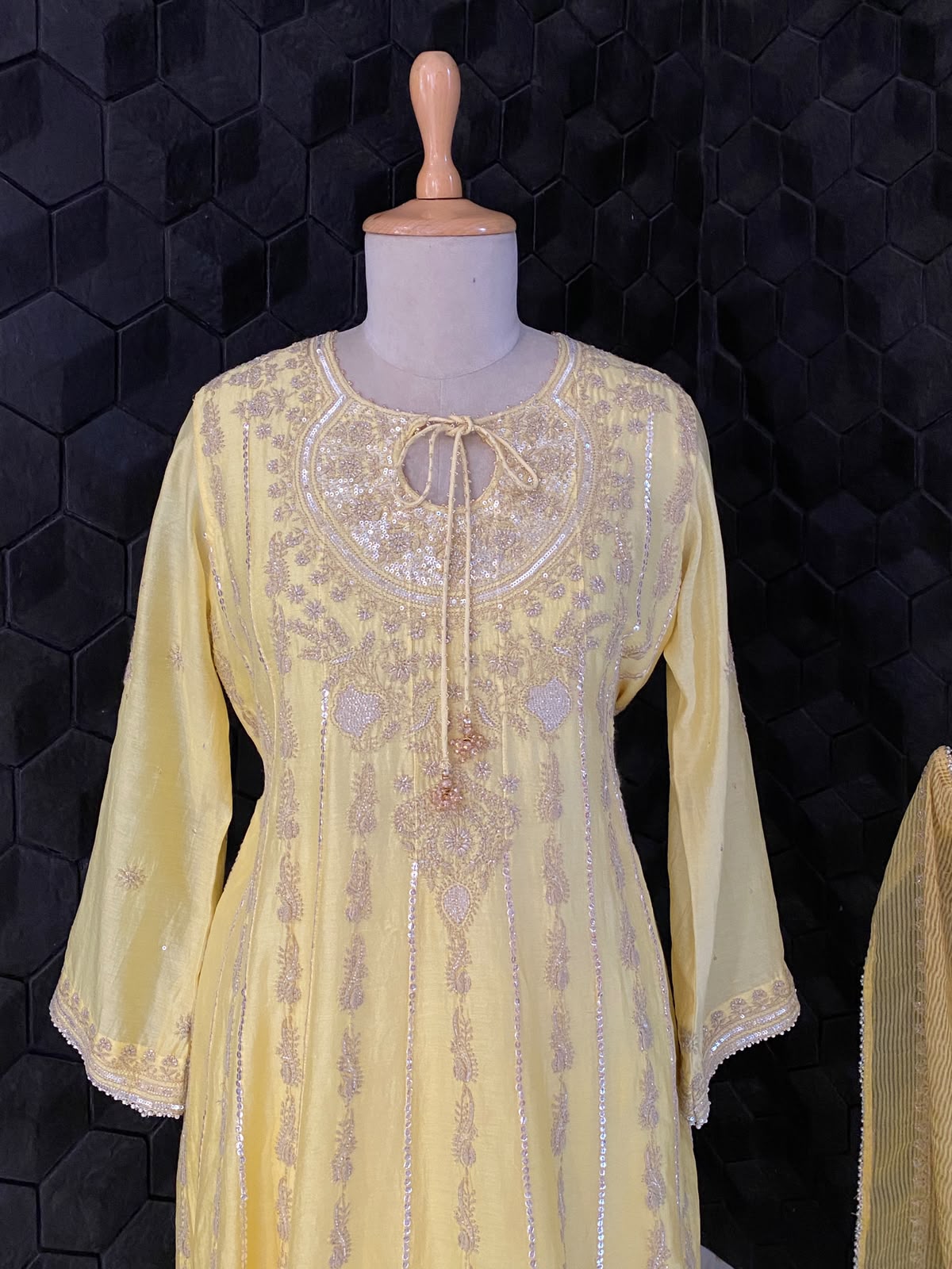 Lemon Yellow Mul Chanderi Anarkali Set