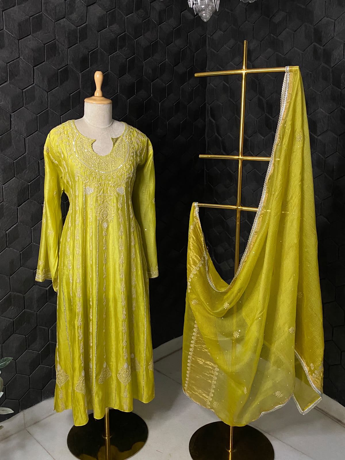Lime Green Mul Chanderi Anarkali Set