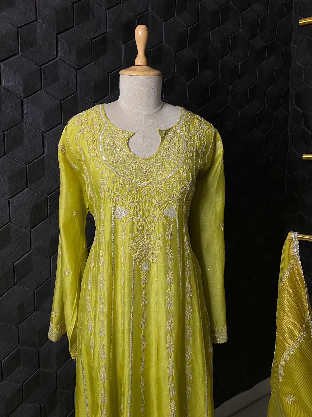 Lime Green Mul Chanderi Anarkali Set