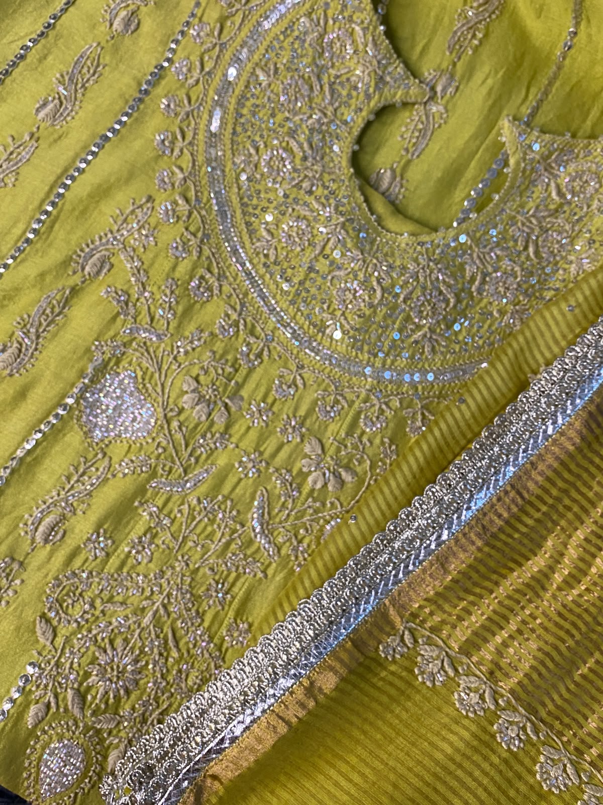 Lime Green Mul Chanderi Anarkali Set