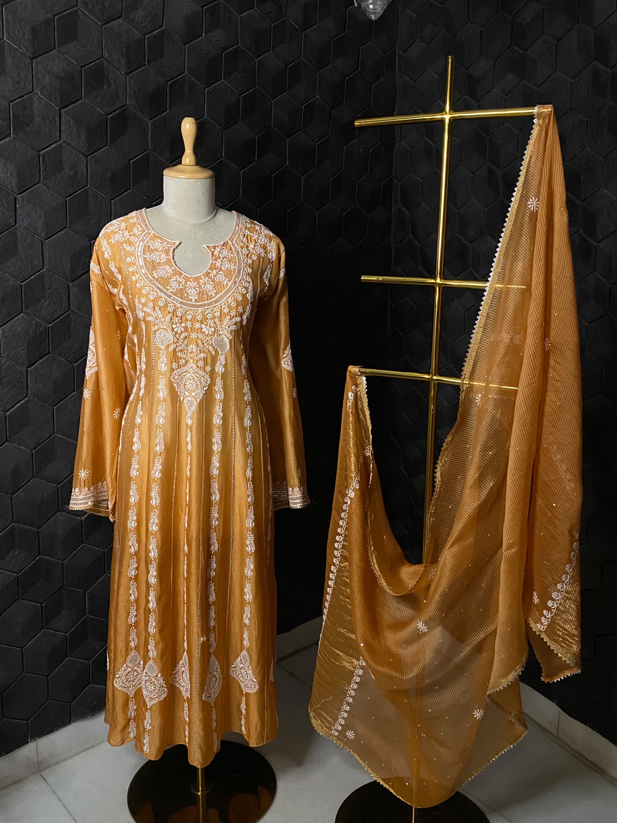 Orange Mul Chanderi Anarkali Set