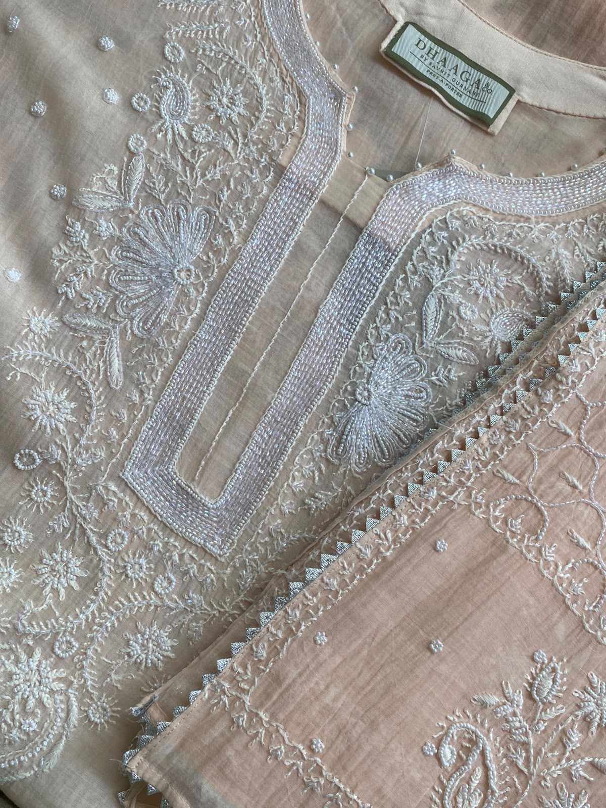 Peach Mul Chanderi Chikankari Embroidered Kurta Set