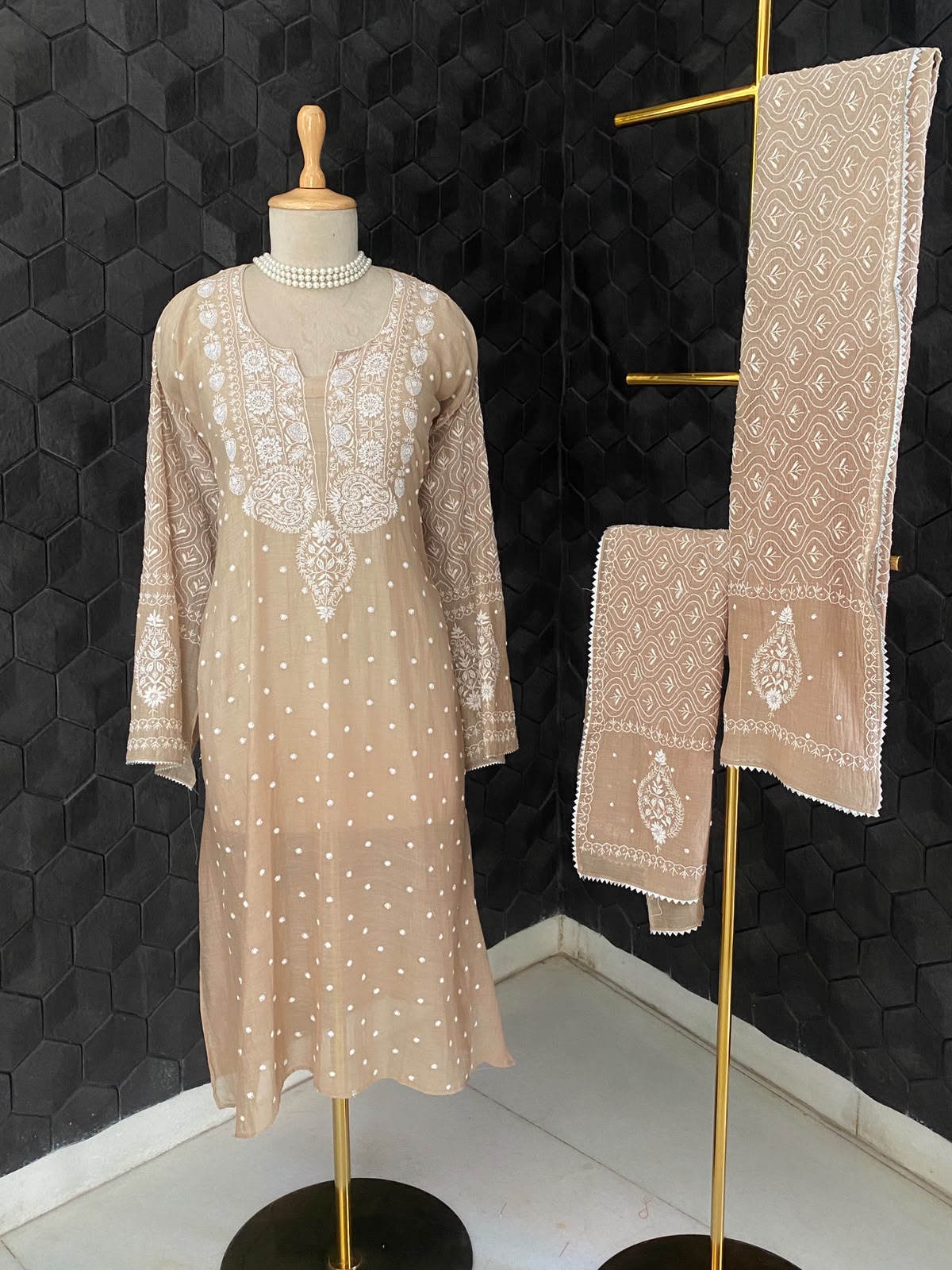 Beige Mul Chanderi Chikankari Kurta Set