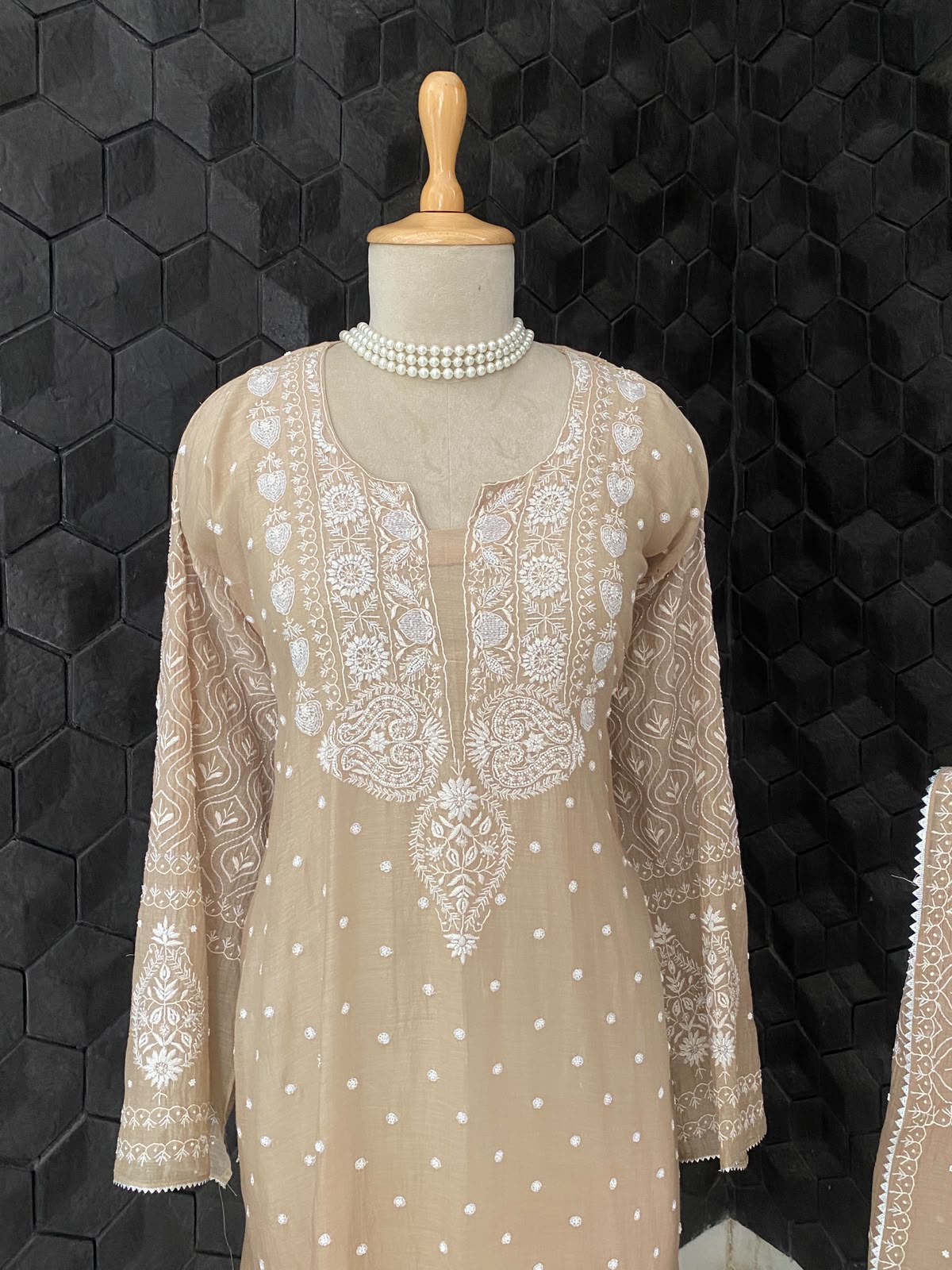 Beige Mul Chanderi Chikankari Kurta Set