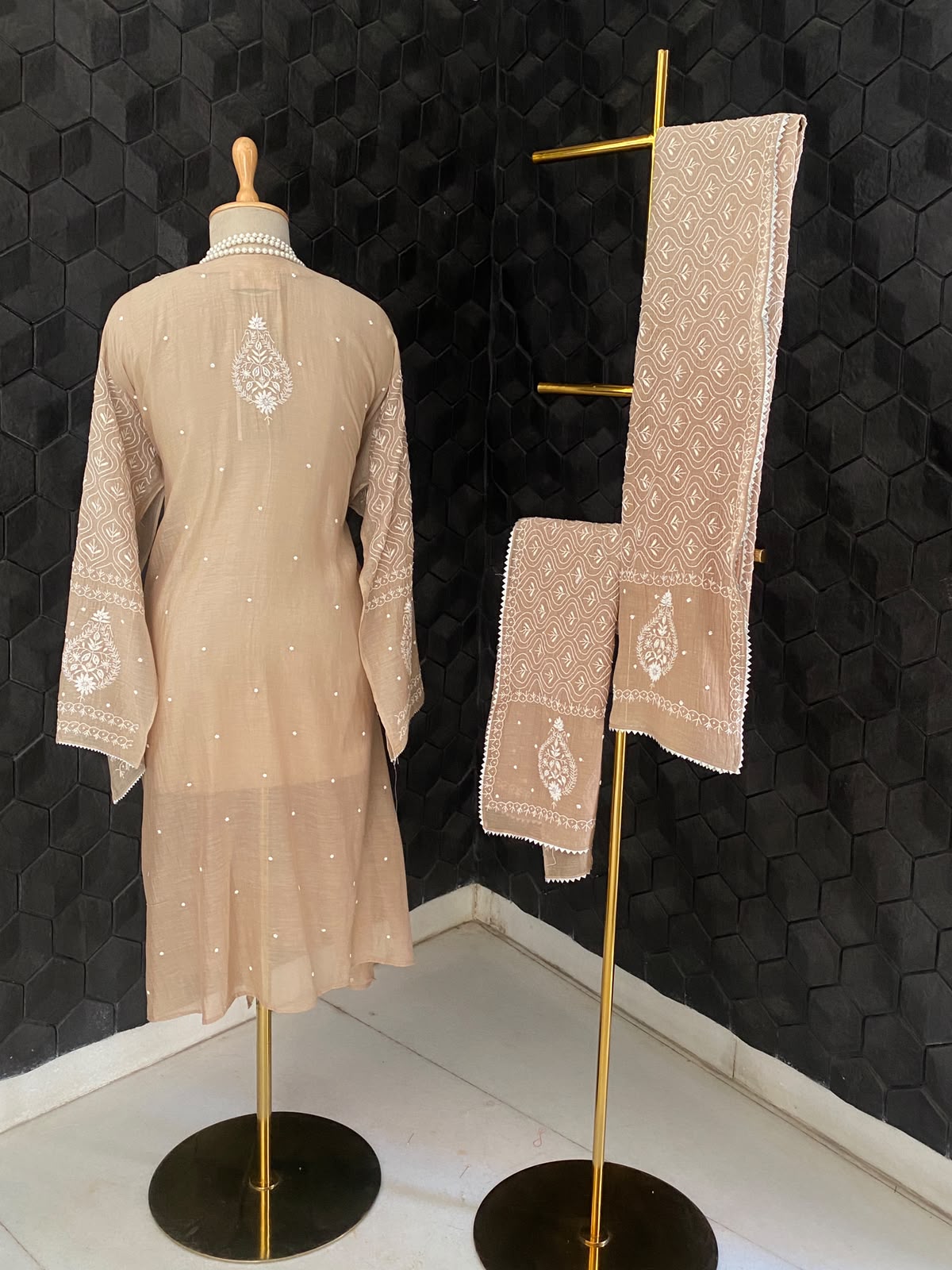 Beige Mul Chanderi Chikankari Kurta Set