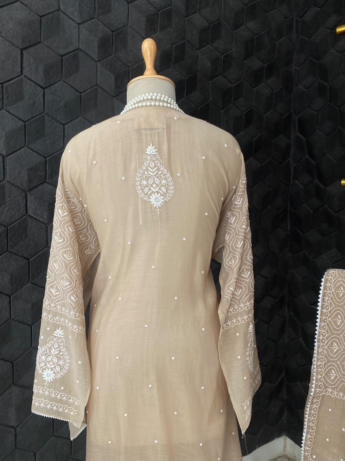 Beige Mul Chanderi Chikankari Kurta Set