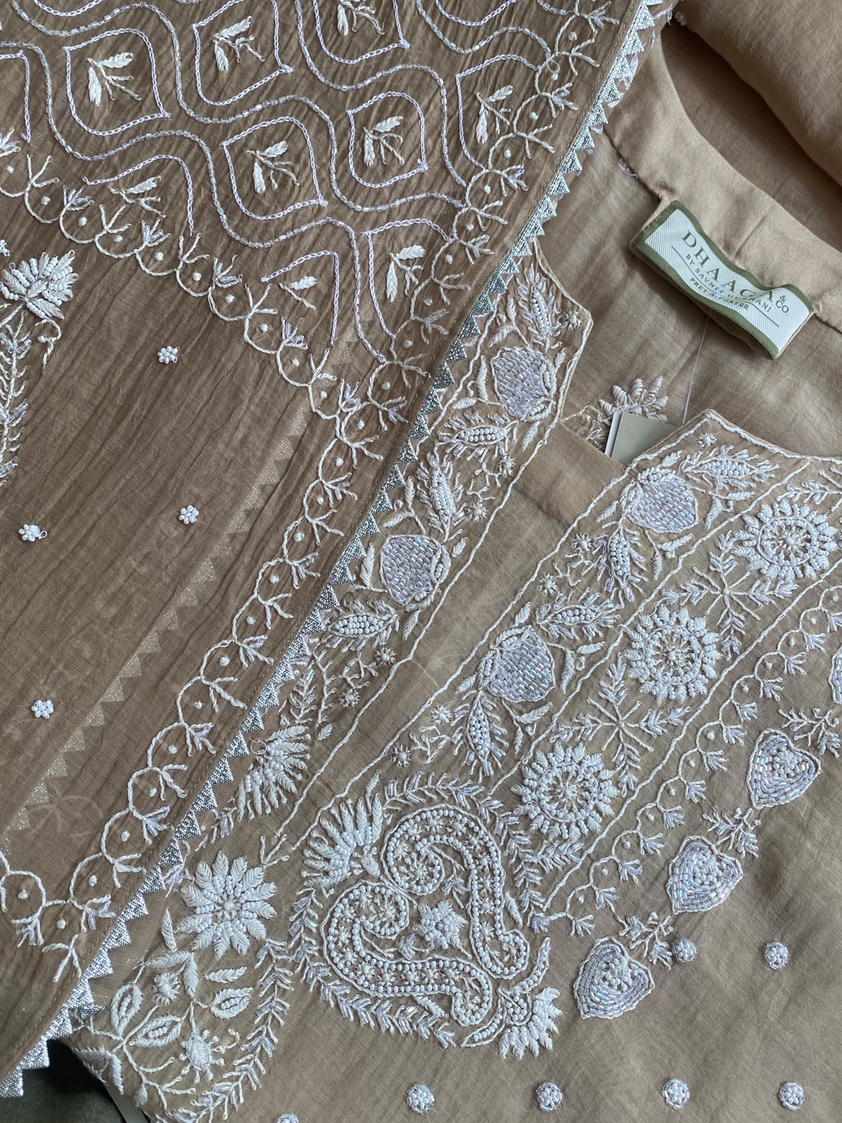 Beige Mul Chanderi Chikankari Kurta Set