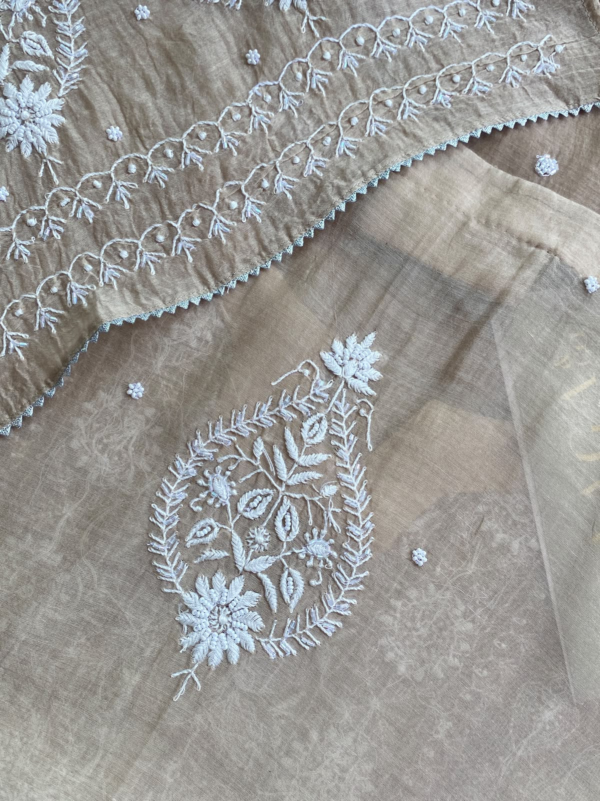Beige Mul Chanderi Chikankari Kurta Set