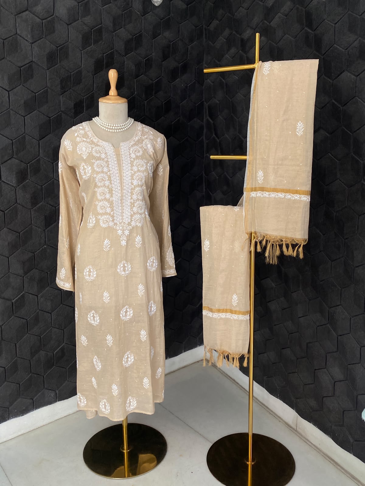 Beige Chikankari Mul Chanderi Kurta Set
