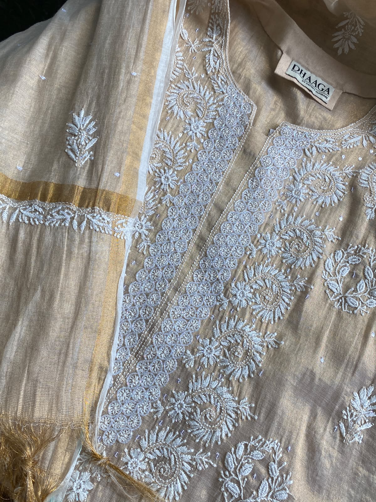 Beige Chikankari Mul Chanderi Kurta Set