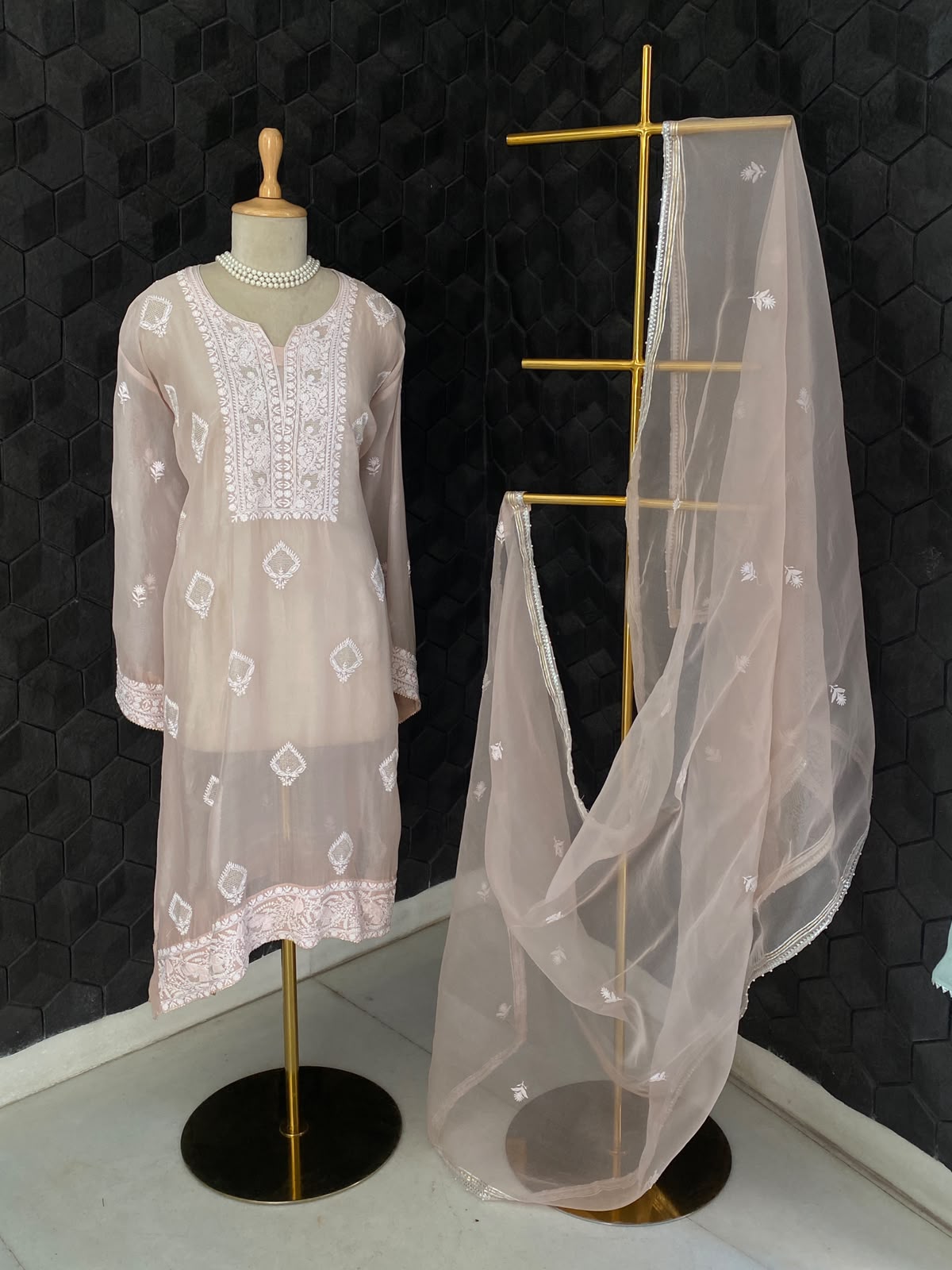 Peach Organza Chikankari kurta Set