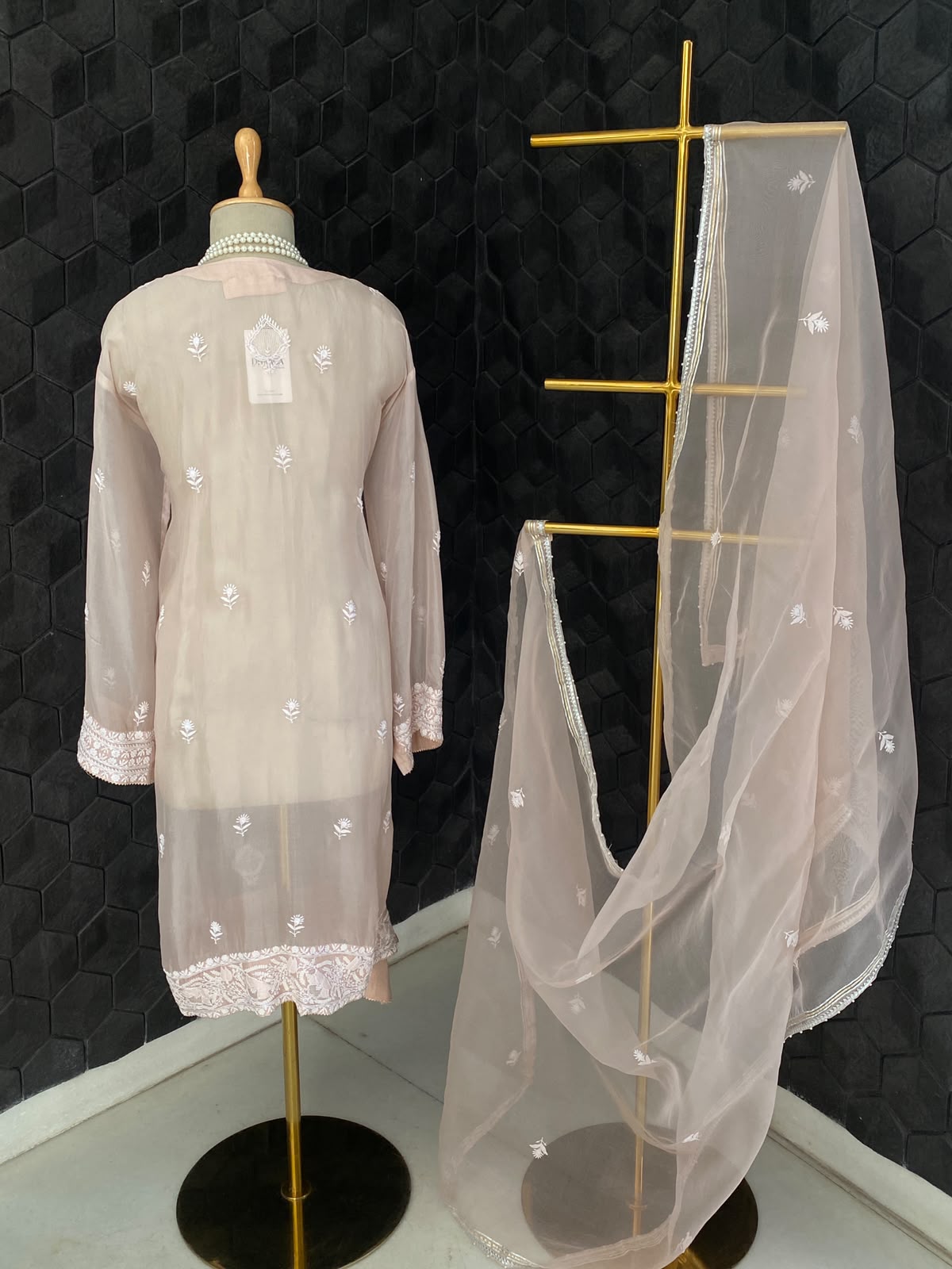 Peach Organza Chikankari kurta Set