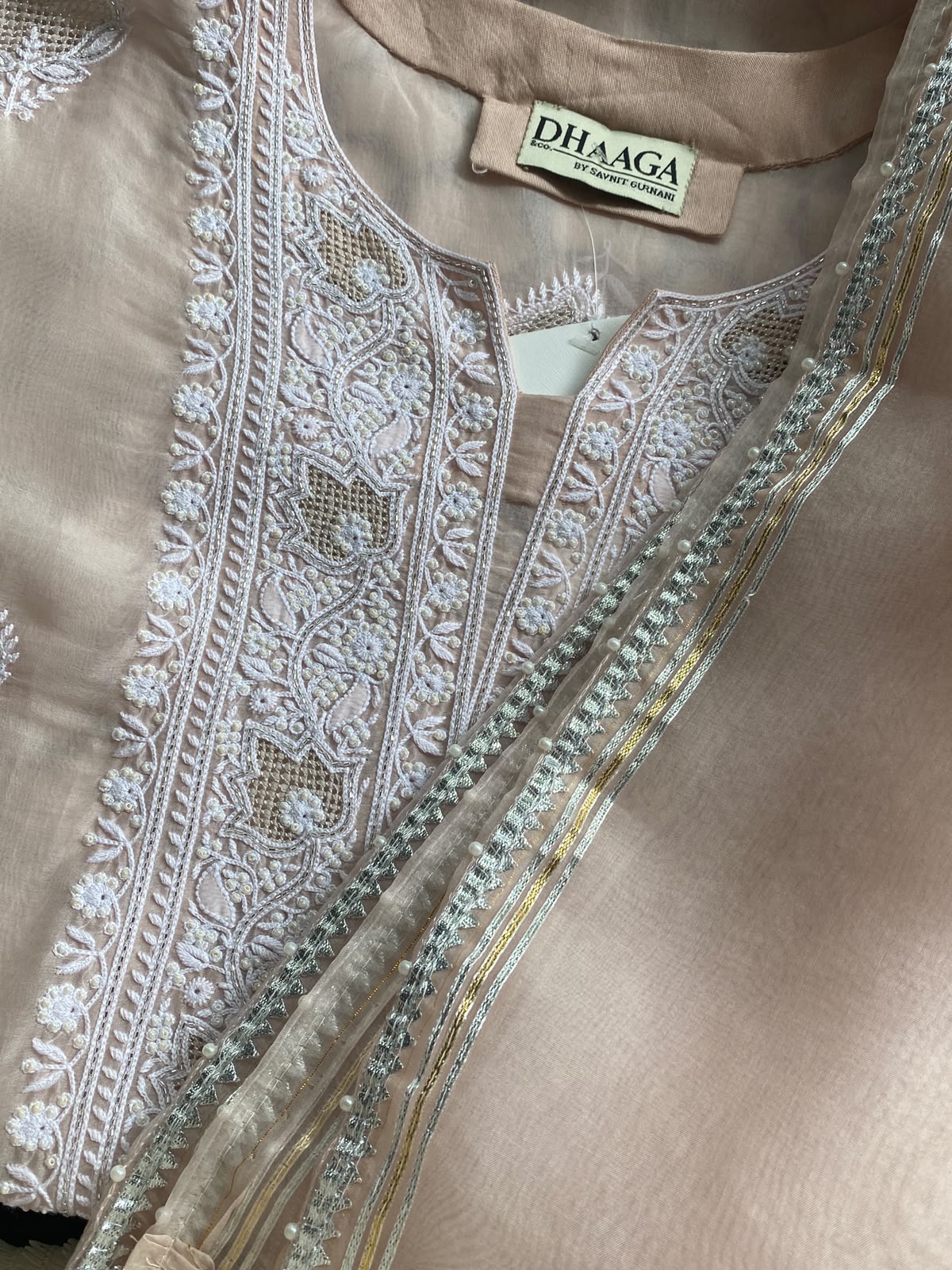 Peach Organza Chikankari kurta Set