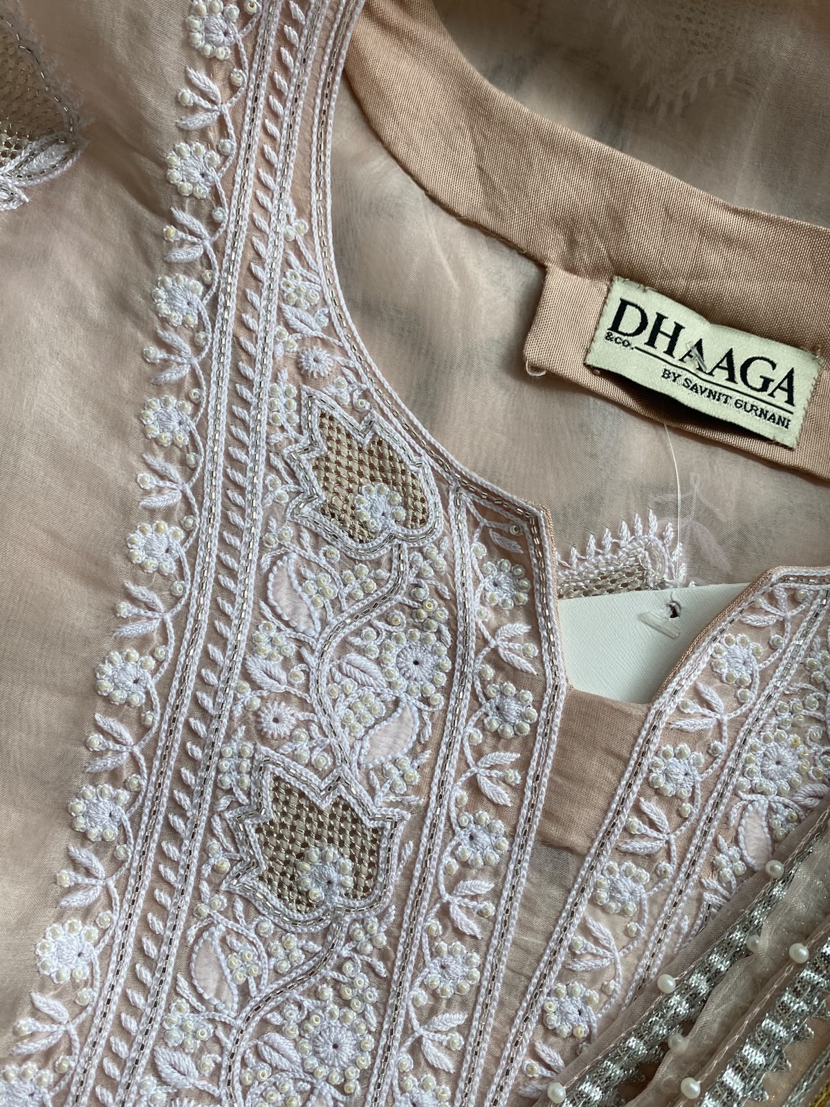 Peach Organza Chikankari kurta Set