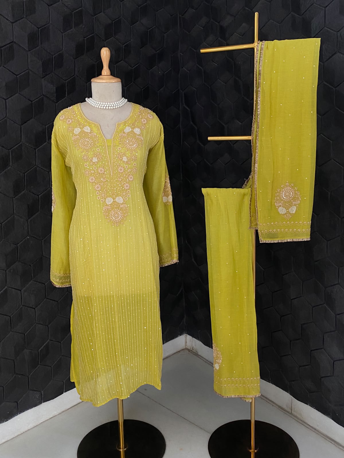 Lime Green Mul Chanderi Chikankari Kurta Set