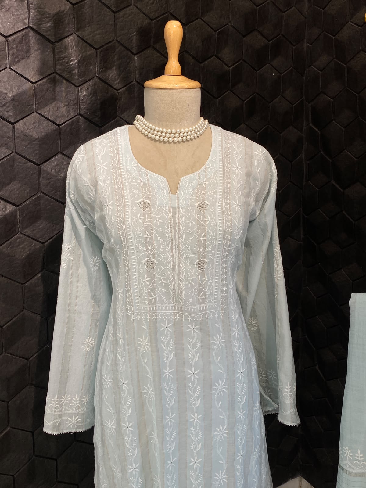 Powder Blue Striped Mul Chanderi Kurta Set
