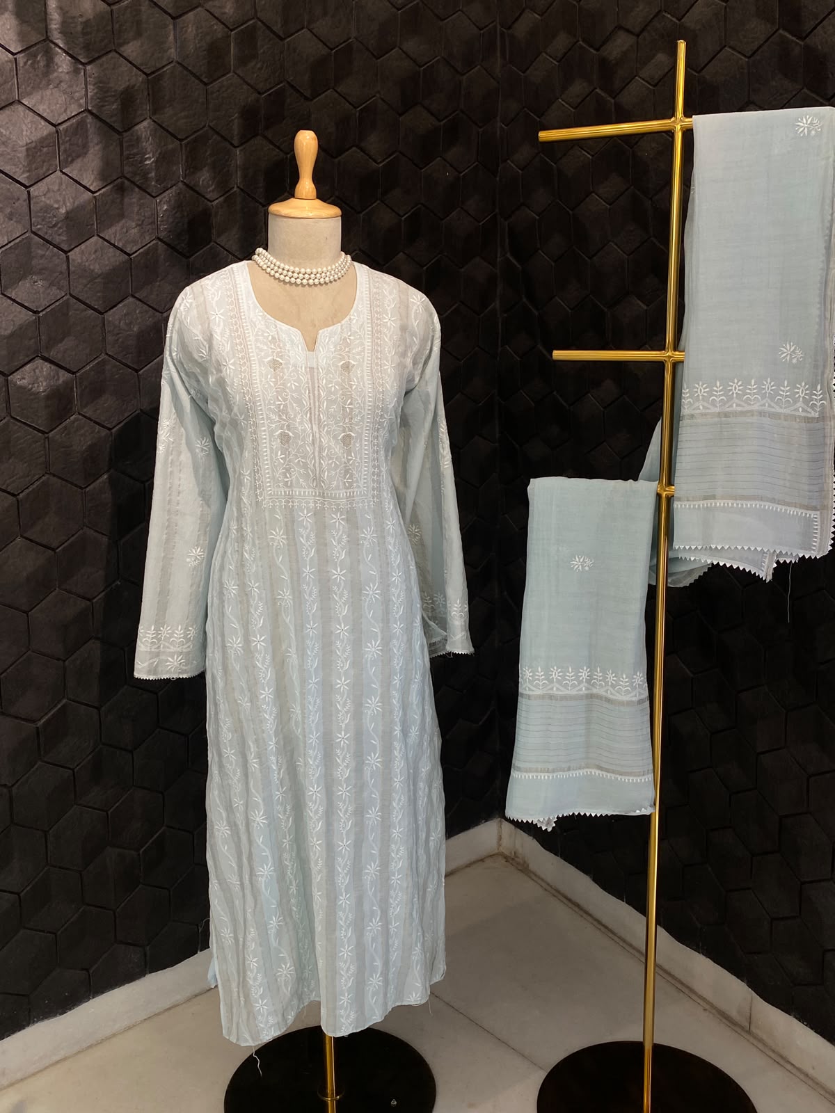 Powder Blue Striped Mul Chanderi Kurta Set