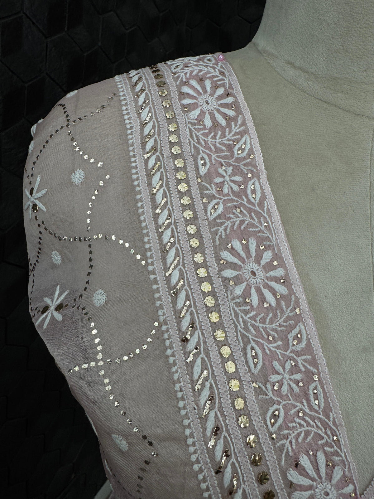 Powder Pink Organza Mukaish Chikankari Lehenga Set