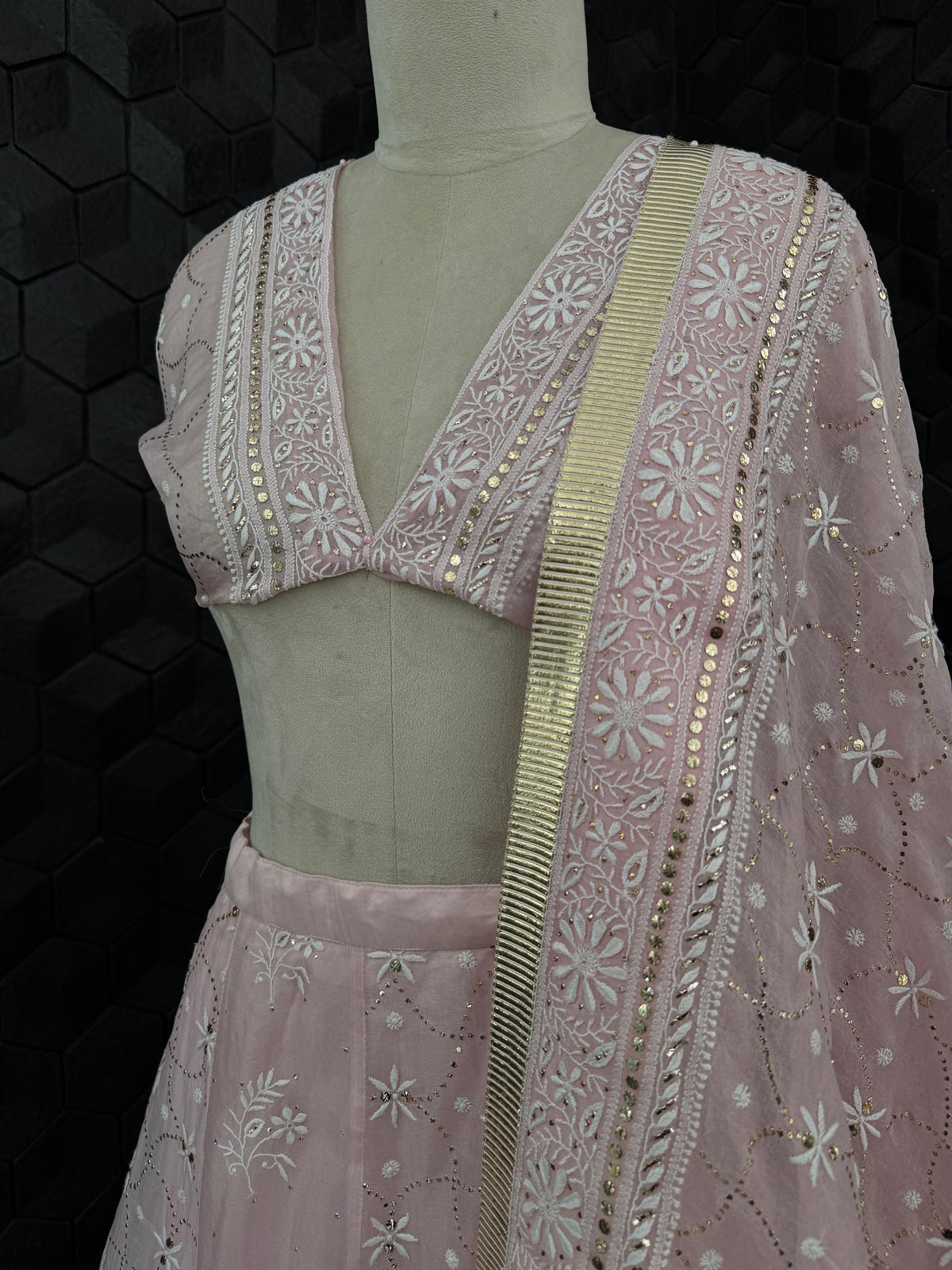 Powder Pink Organza Mukaish Chikankari Lehenga Set