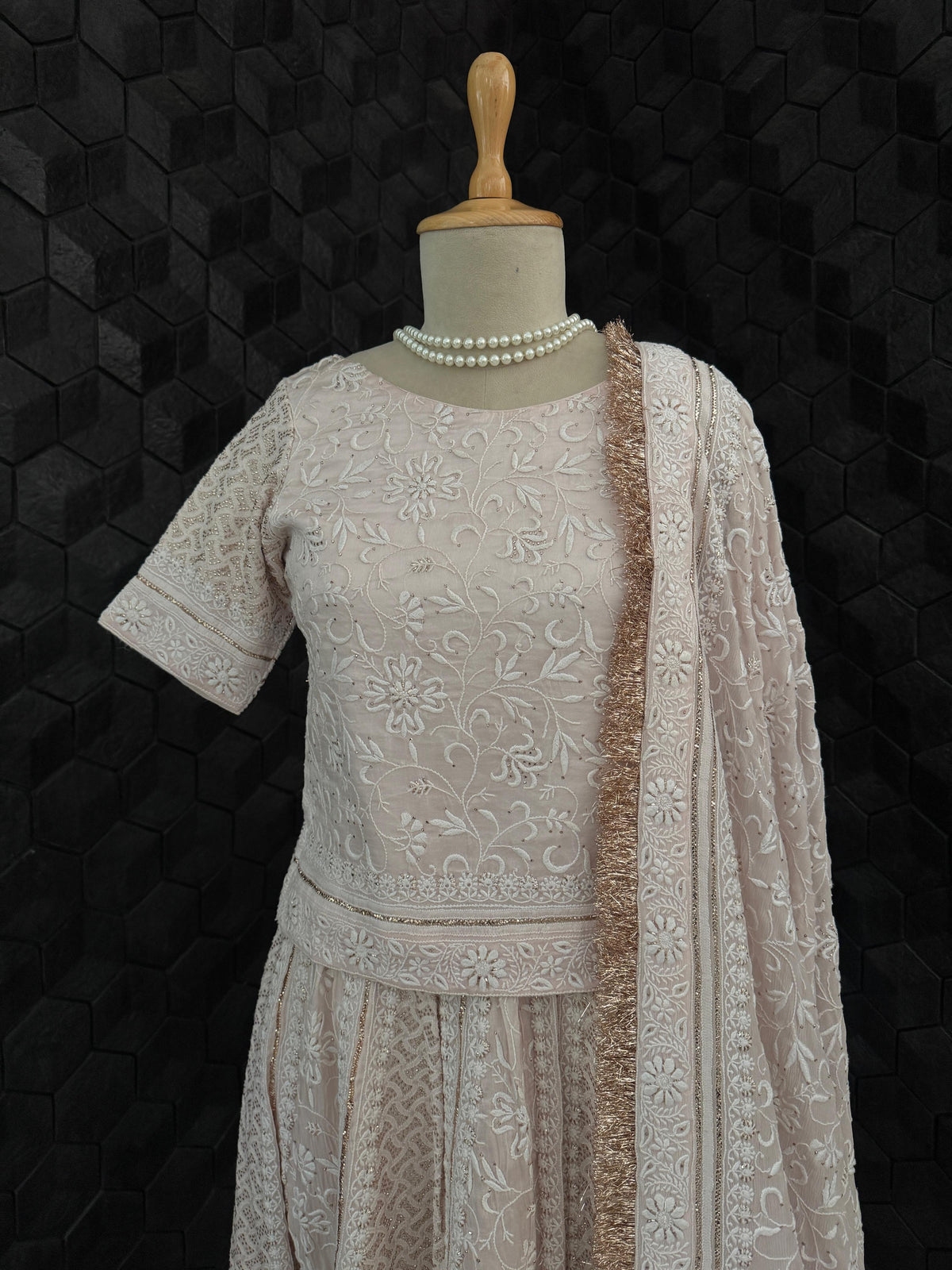 Soft Blush Organza Chikankari Mukaish Lehenga Set