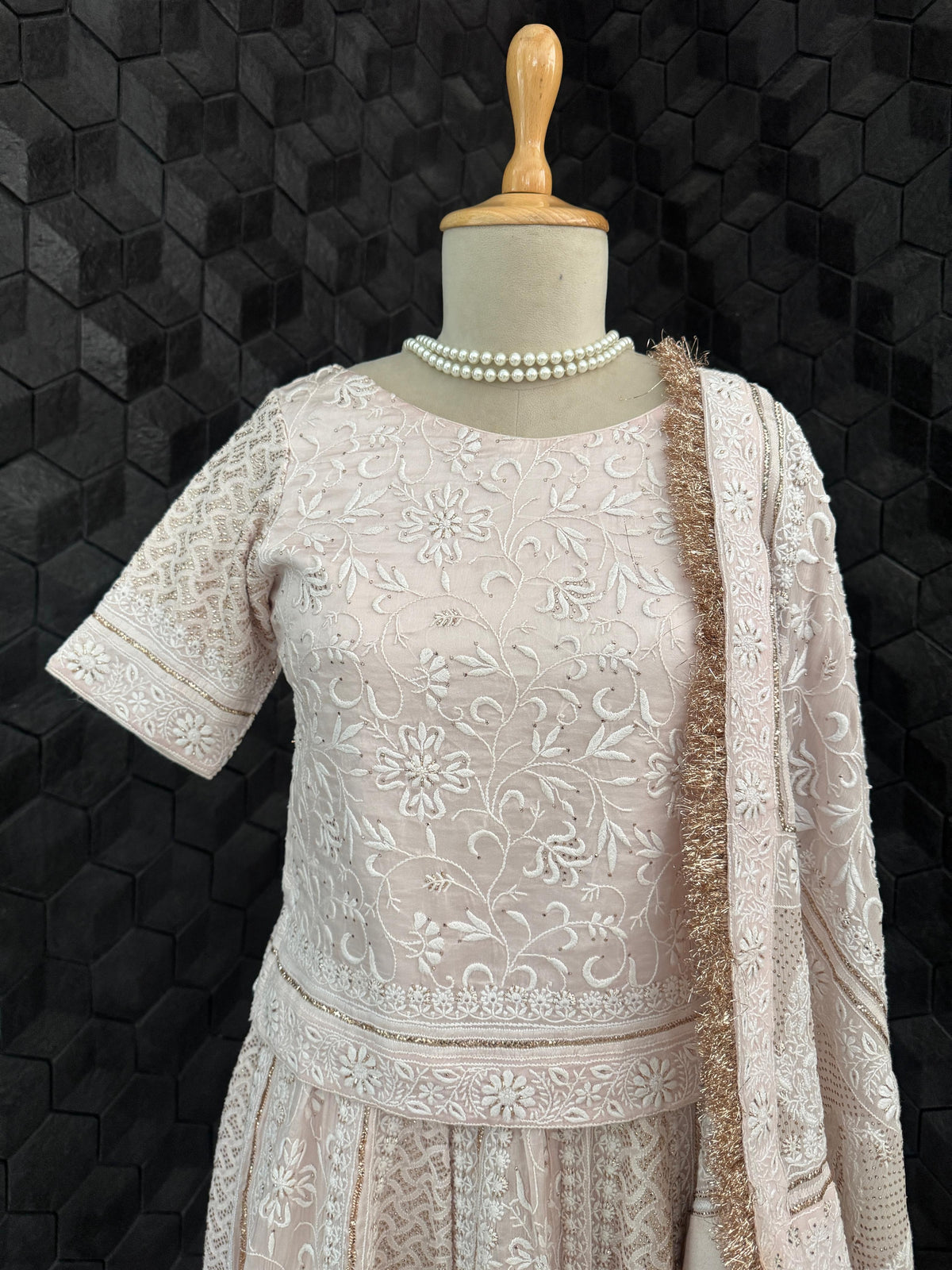 Soft Blush Organza Chikankari Mukaish Lehenga Set