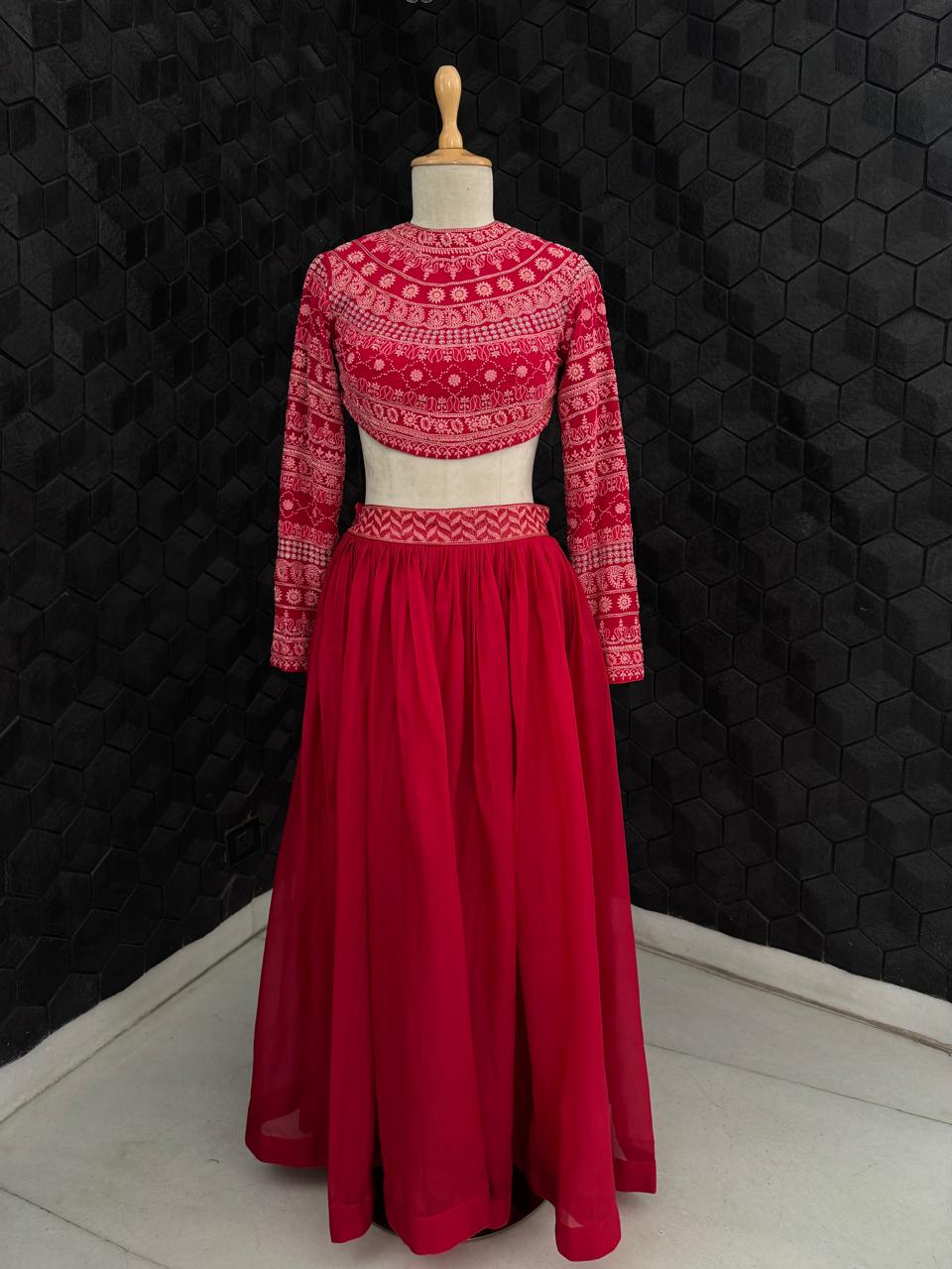 Deep Red Georgette Blouse with Organza Skirt Set