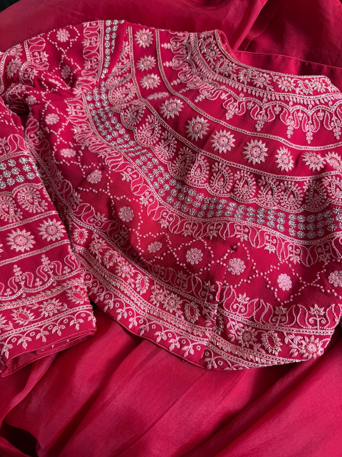 Deep Red Georgette Blouse with Organza Skirt Set