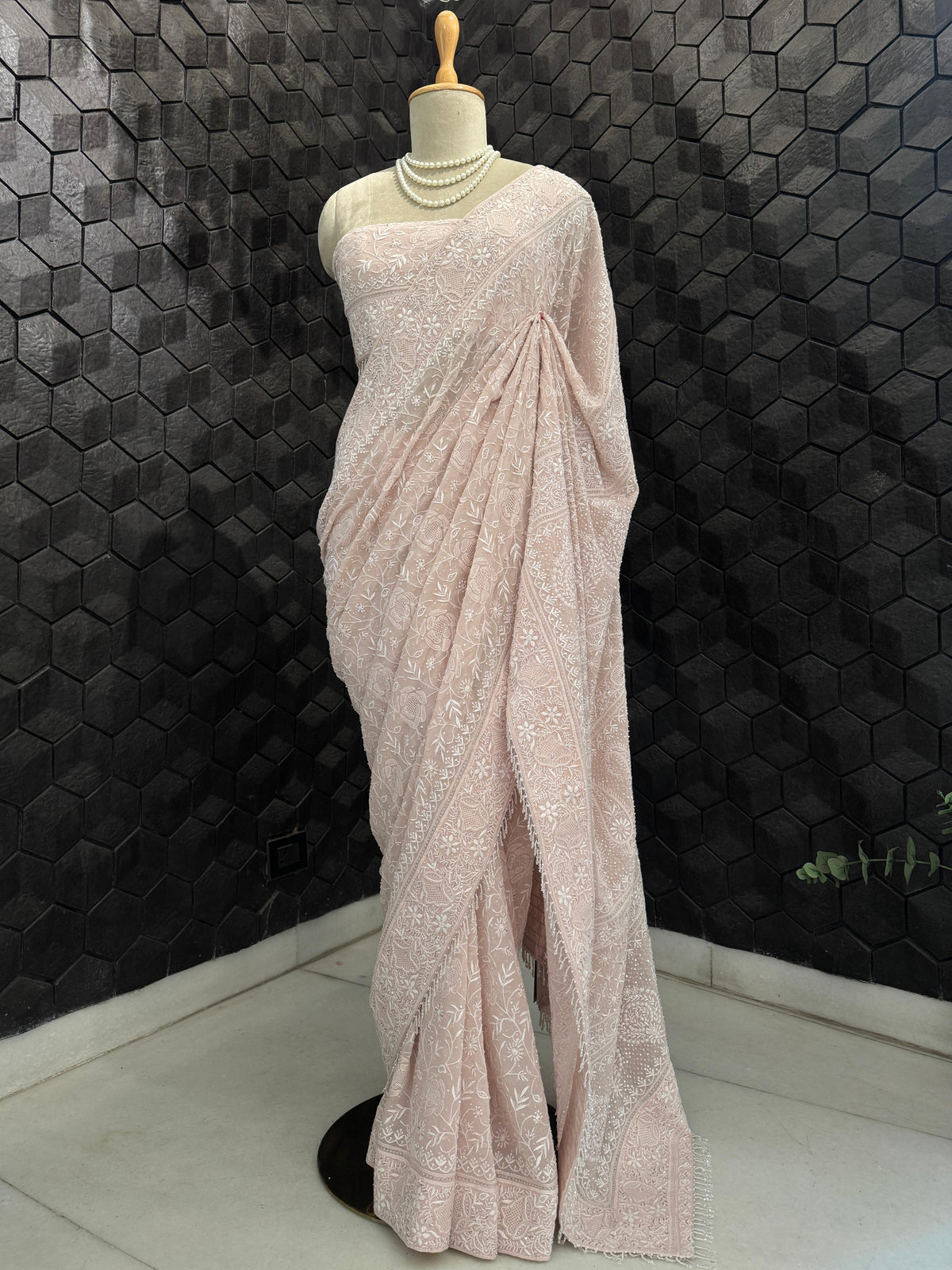 Pink Rose Boota Georgette Chikankari Saree