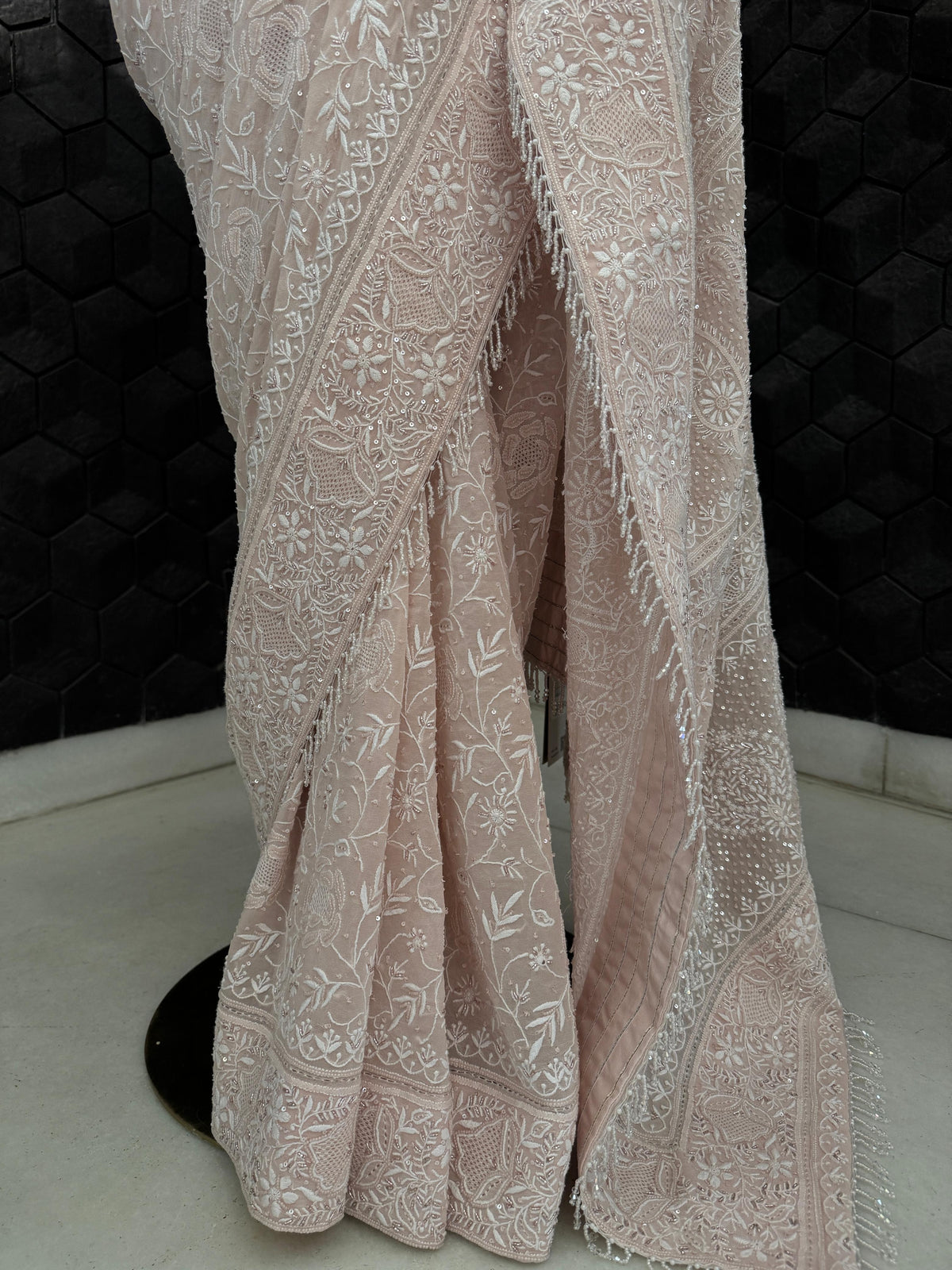 Pink Rose Boota Georgette Chikankari Saree