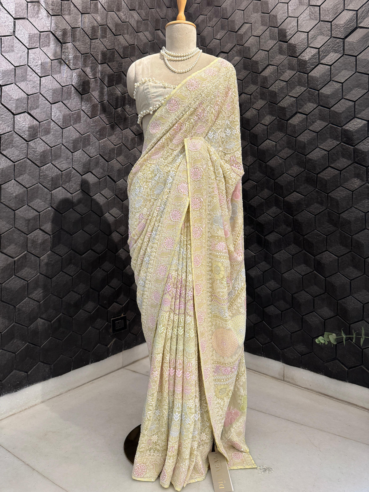 Lemon Yellow Multi Colour Threadwork Saree