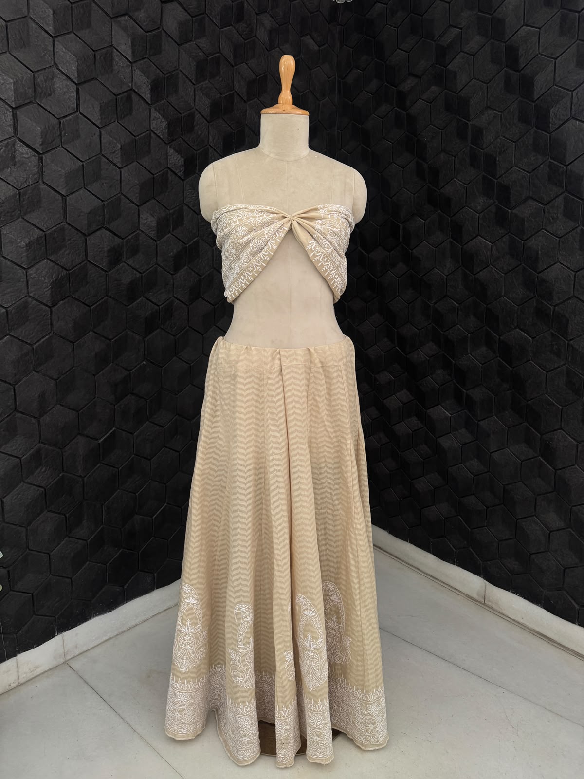 Beige Chanderi Embroidered Lehenga
