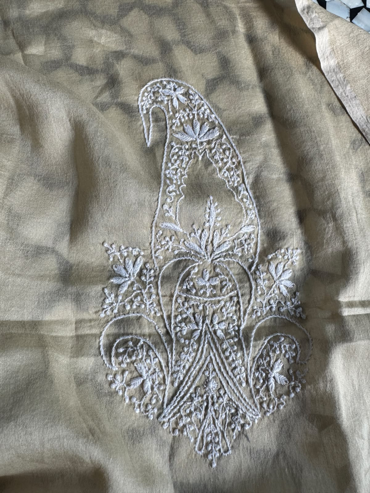 Beige Chanderi Embroidered Lehenga