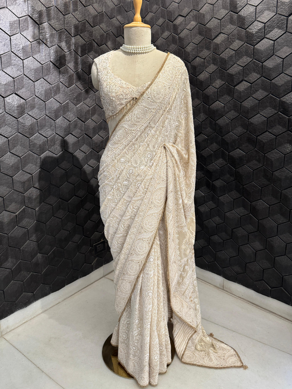 Ivory-Gold Paisley Jaal Georgette Saree