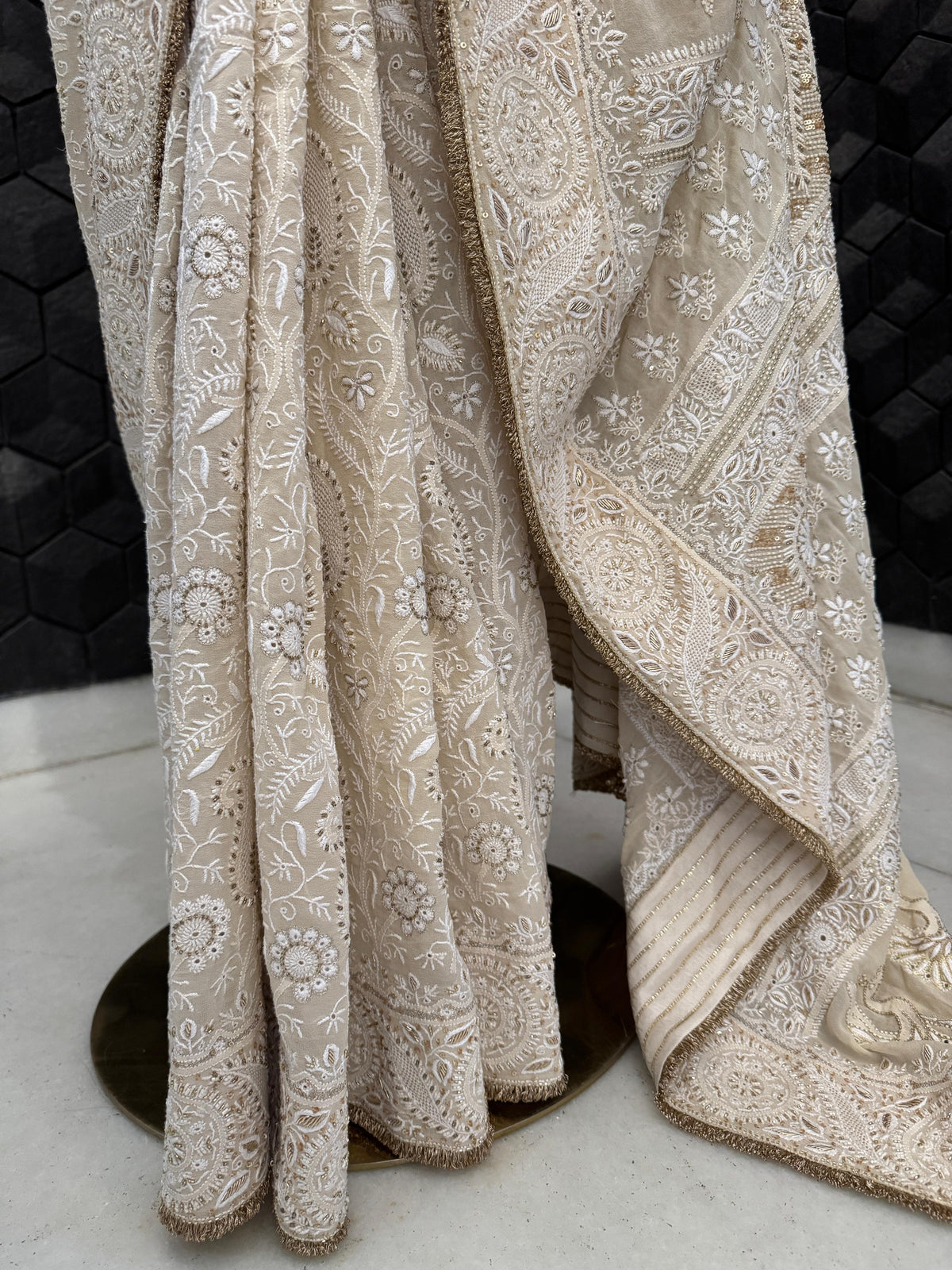 Ivory-Gold Paisley Jaal Georgette Saree